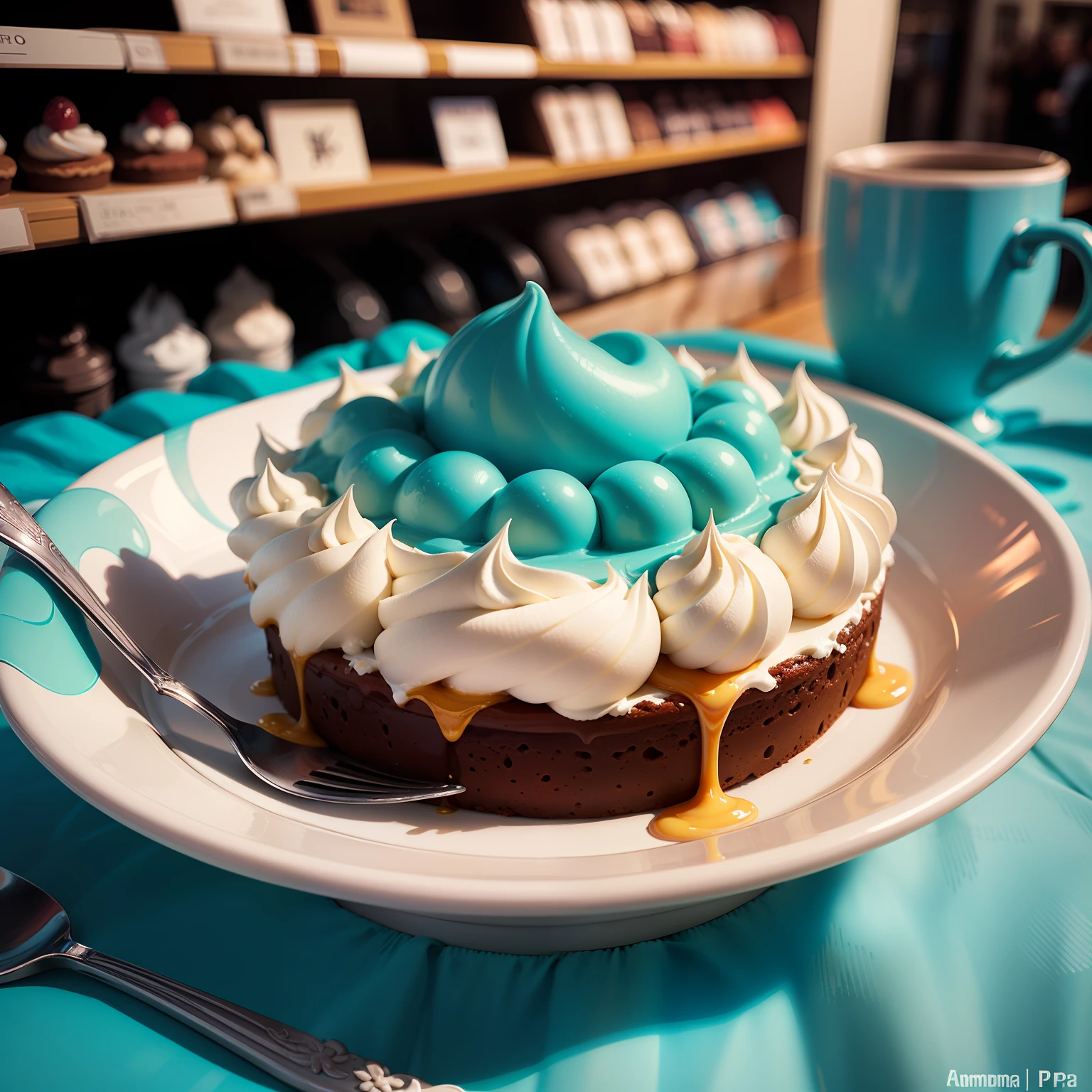Fundo branco
O nome "P&P Doces" in a combination of elegant fonts, onde a letra "P" it is stylized as a spoon and the letter "D" it's stylized like a slice of cake, ambas na cor azul turquesa.
A cake icon in the pot stylized and minimalist in shades of turquoise blue and taffy pink, positioned to the left of the store name. --auto