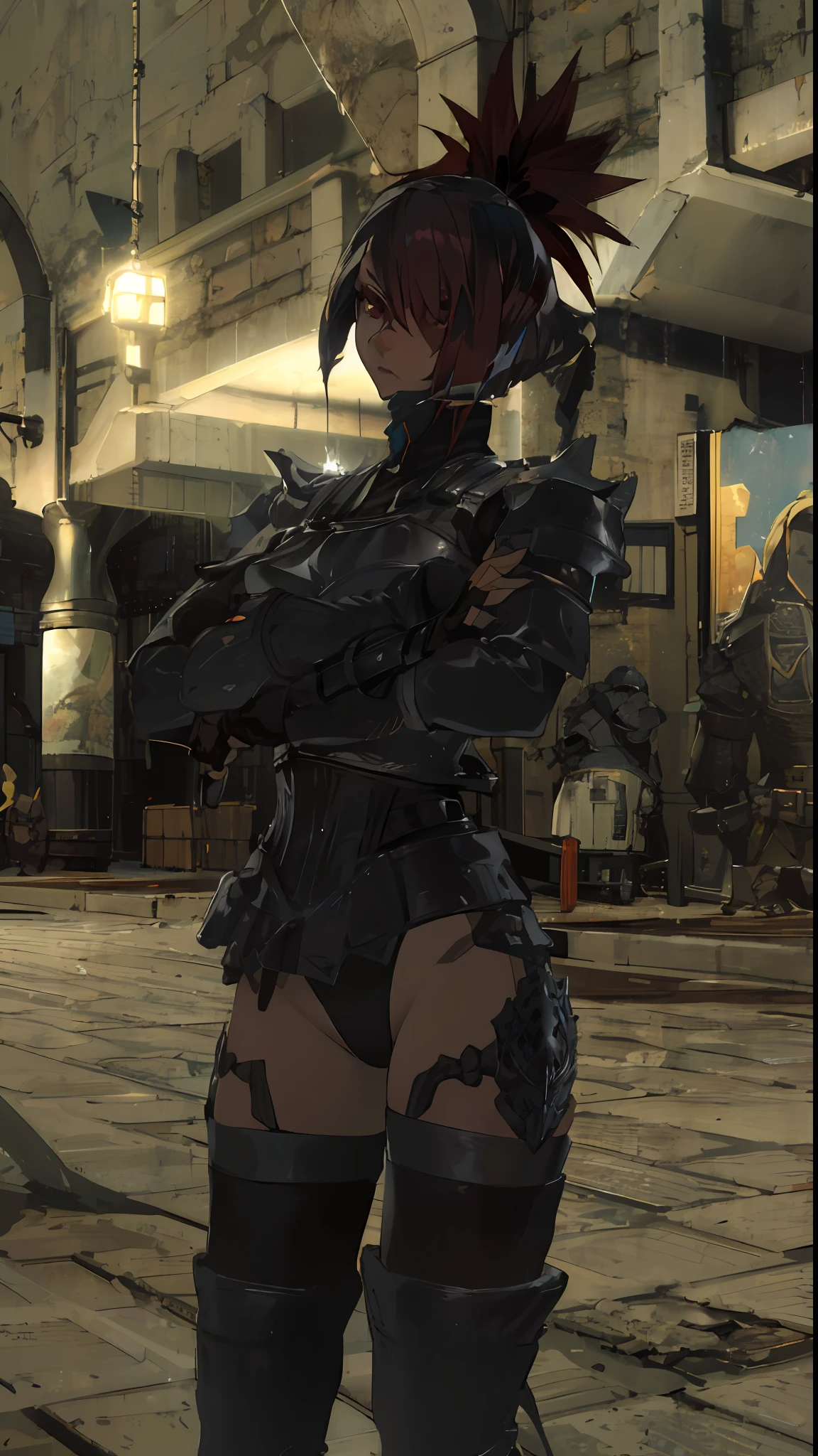 there is a woman in a costume standing in a room, tranding on pxiv, black fire color reflected armor, black shiny armor, pale black armor, sharp black armor, black shirt underneath armor, final fantasy 14 style, black plate armor, wearing black armor, final fantasy 14 sharp, sharp edged black armor, 2b, 2 b, black armor