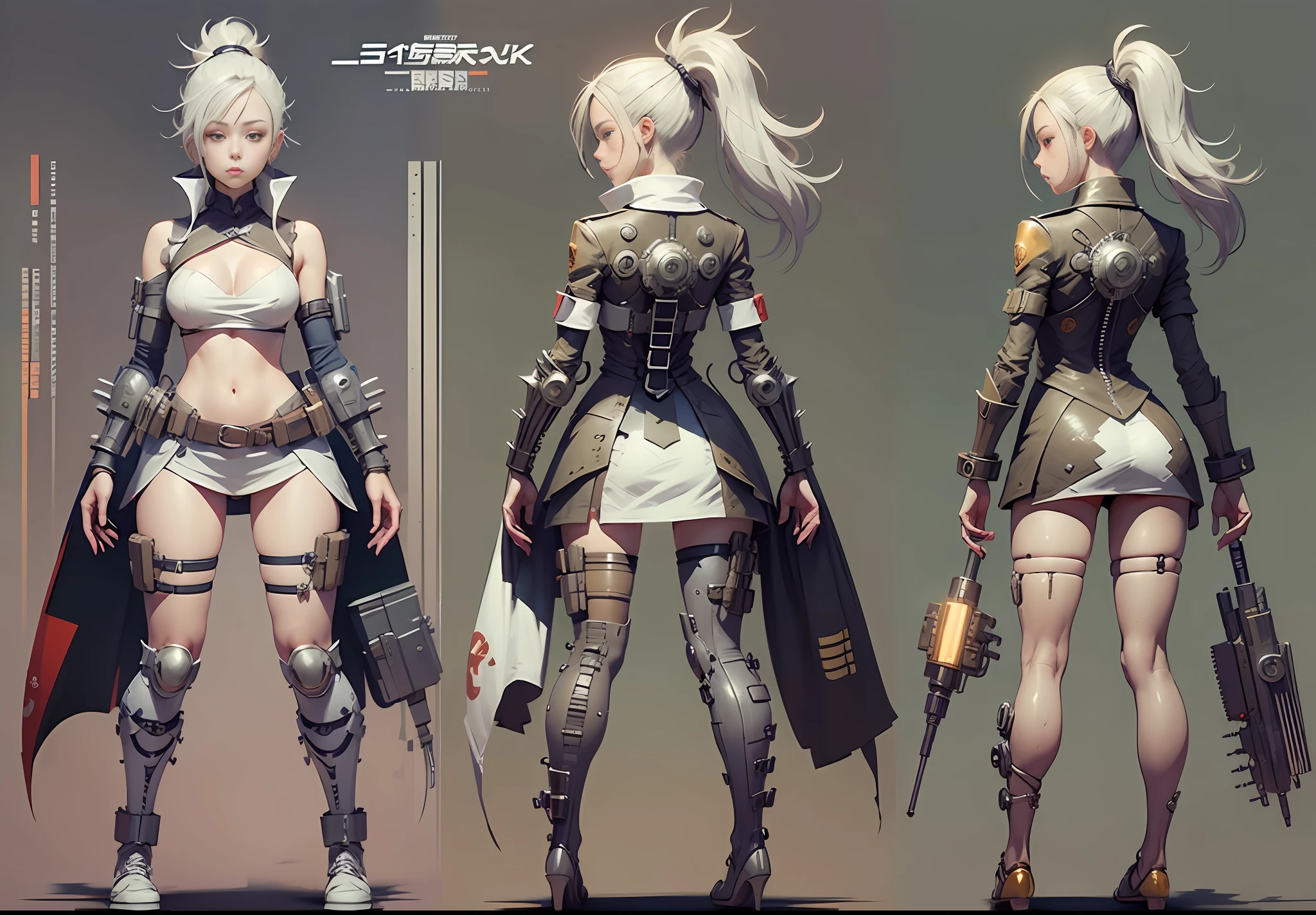 Japanese manga style character sheet of cyberpunk girl, front side and back, full body, white and black background, weapons and equipment, detailed, intricate