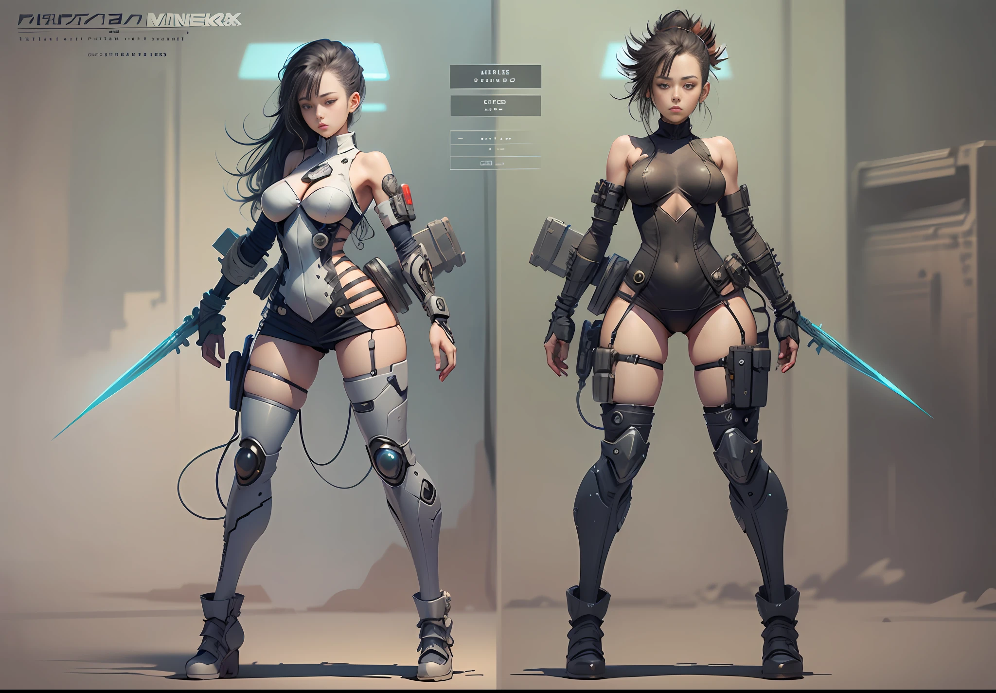 Japanese manga style character sheet of cyberpunk girl, front side and back, full body, white and black background, weapons and equipment, detailed, intricate