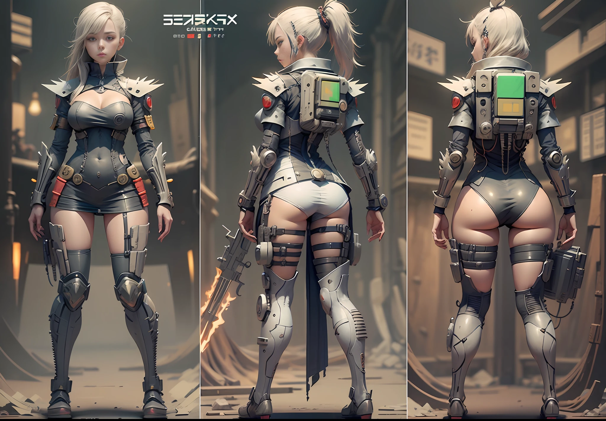 Japanese manga style character sheet of cyberpunk girl, front side and back, full body, white and black background, weapons and equipment, detailed, intricate