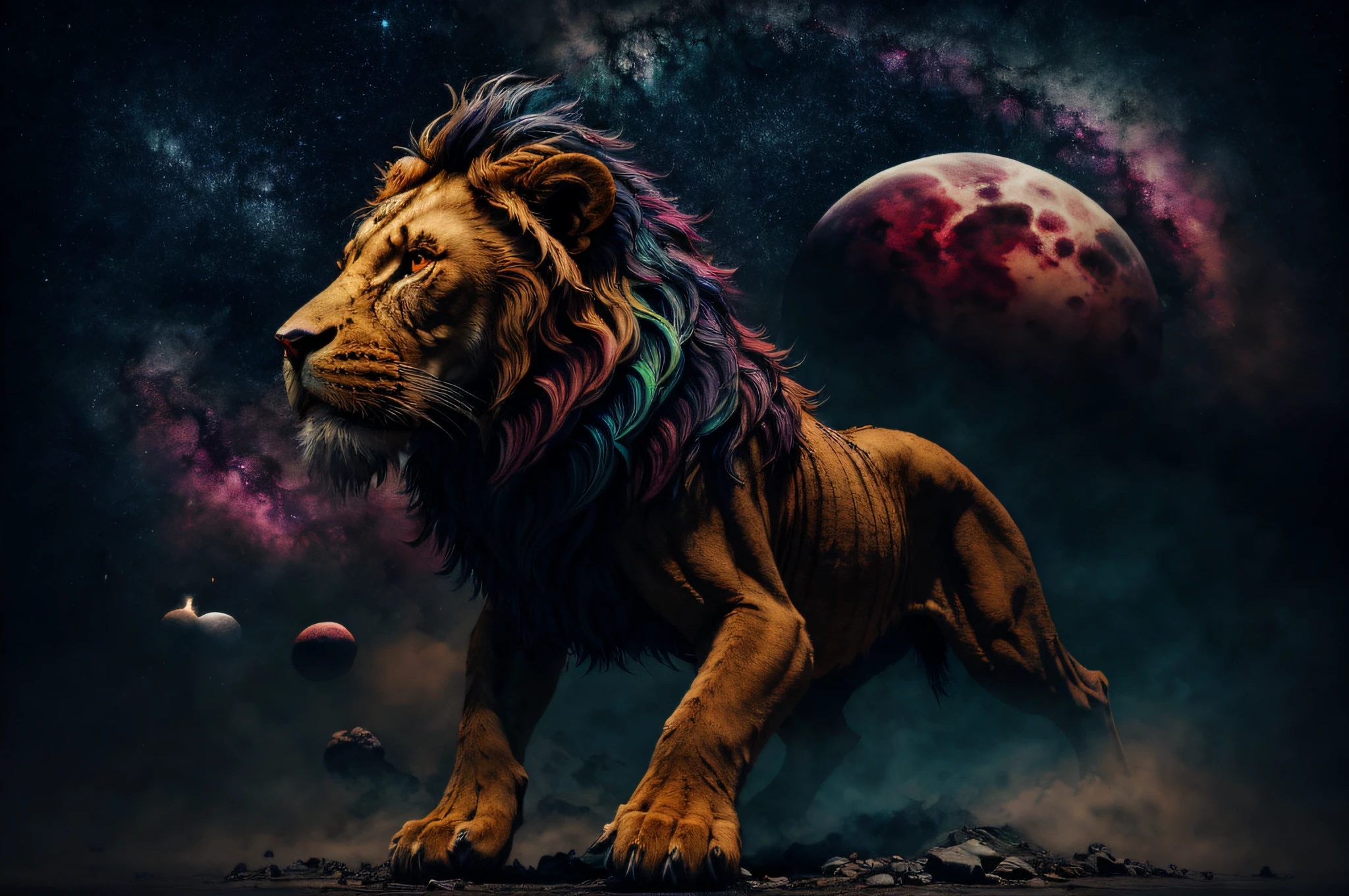 Galaxies, spirals, space, nebulae, stars, smoke, iridescent, intricate detail, in the shape of a lion, octane render, 8k