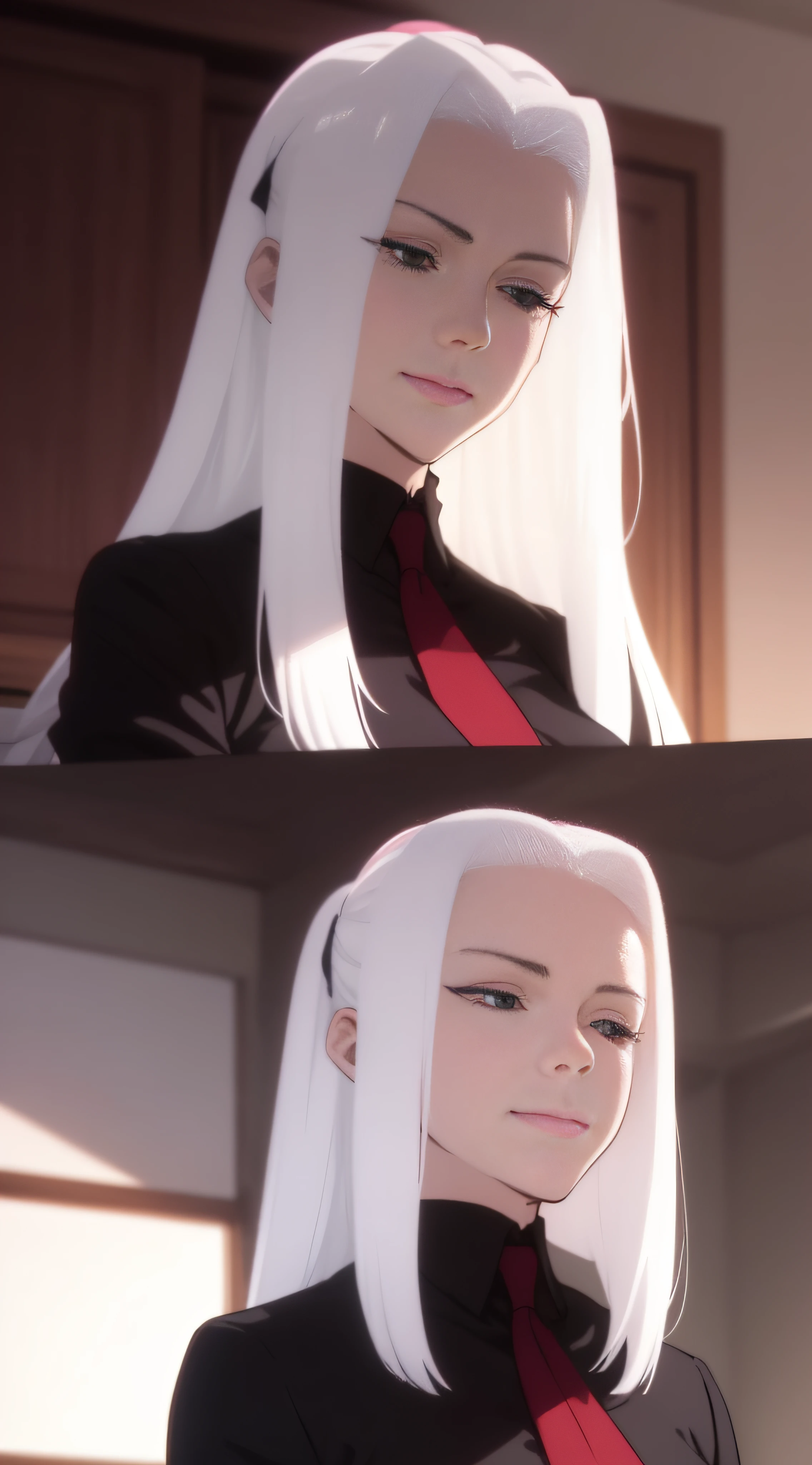 a woman standing in front of a flock of birds, anime screencap, suit ， perfect face, long length slick white hair, pulling the move'derp banshee ', long raven hair, crows, squinting at high noon, [sirius], elegant woman, jk uniform, aliased, eeire mood, ilya, nagel