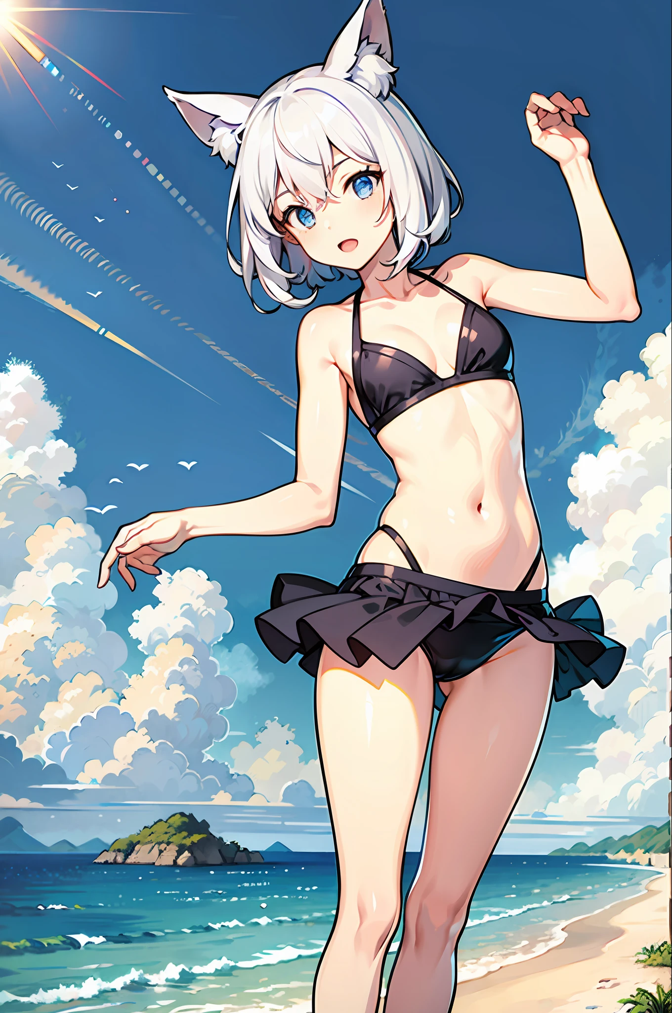 1女孩，Lori， oceans，The bikini，urine，mew，flat-chested，White hair，high quailty，high res，Dull hair，Blue eyes，Animal ears