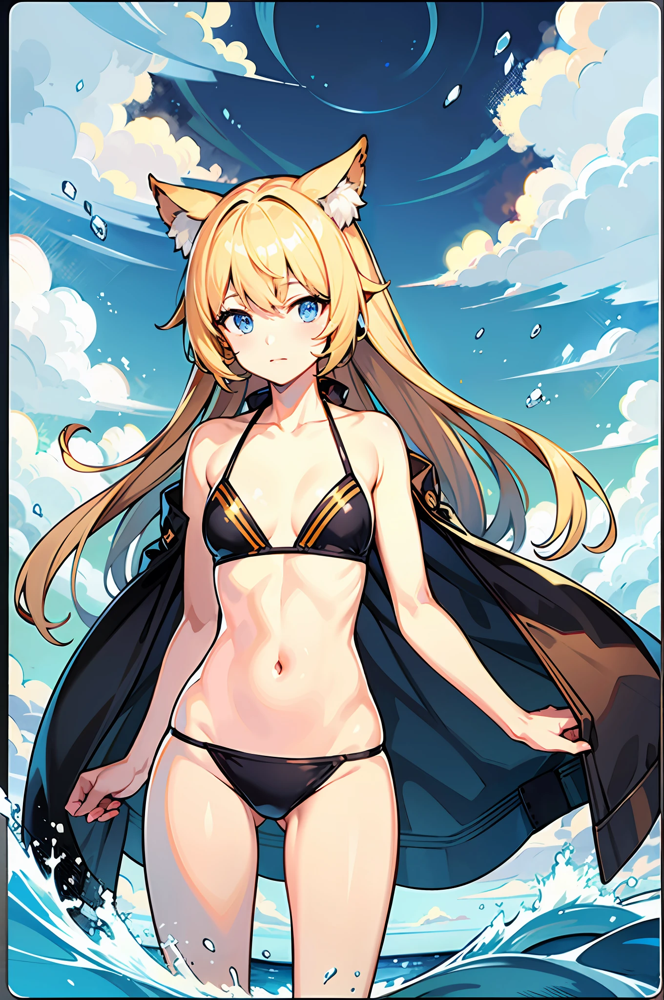 1女孩，Lori， oceans，The bikini，urine，mew，flat-chested，golden hair，high quailty，high res，Dull hair，Blue eyes，Animal ears