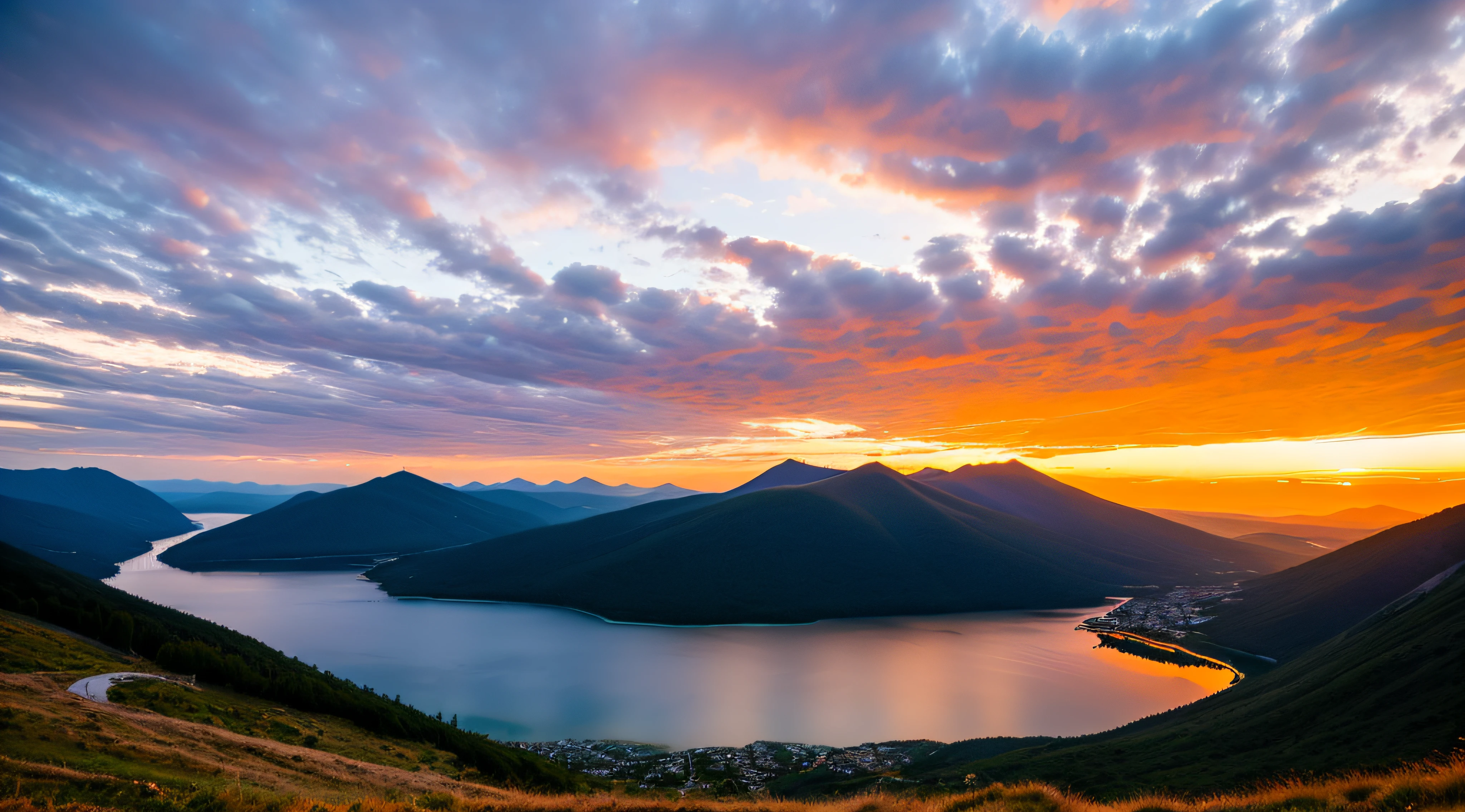 Sunset on mountain, lago sob a montanha