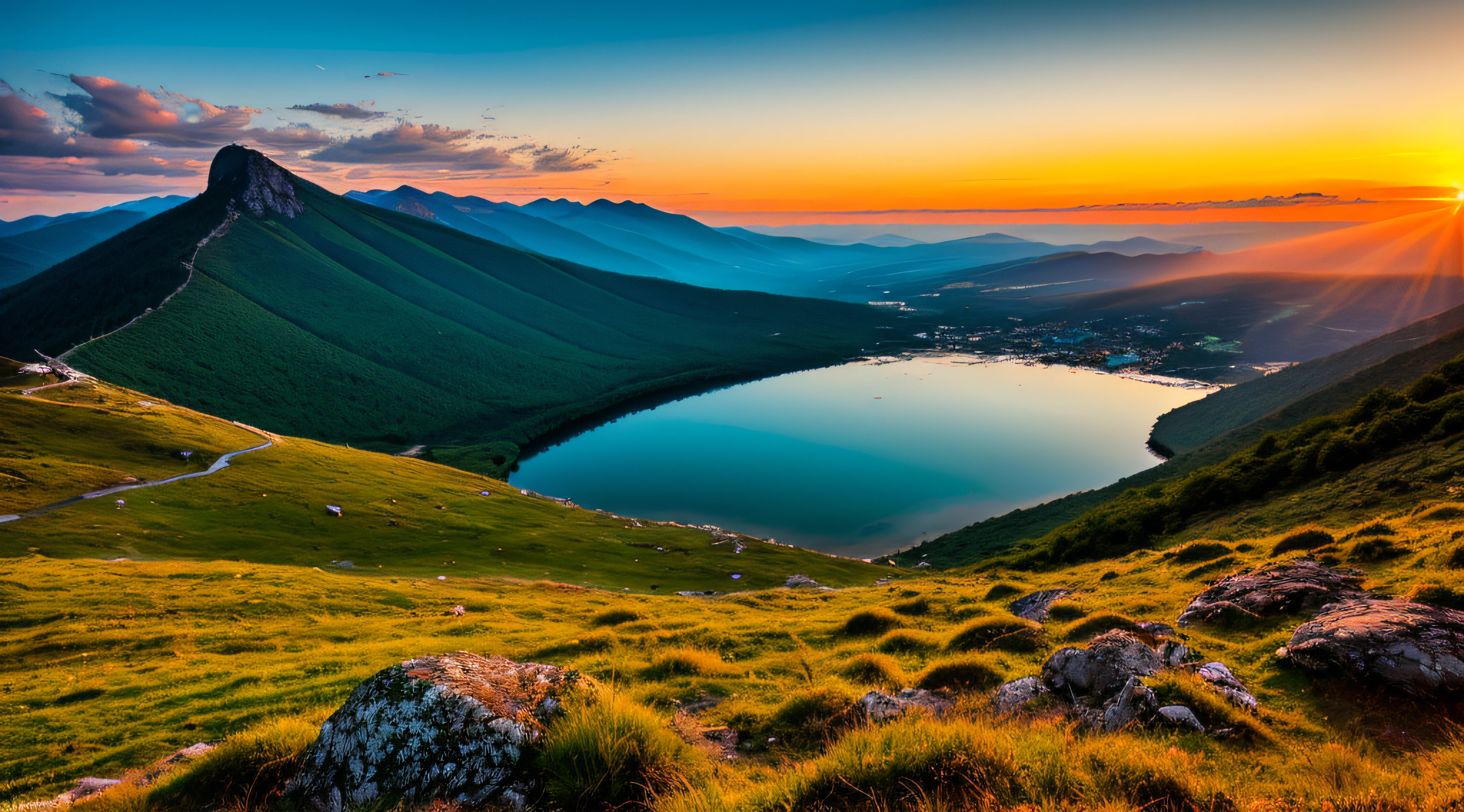 Sunset on mountain, lago sob a montanha