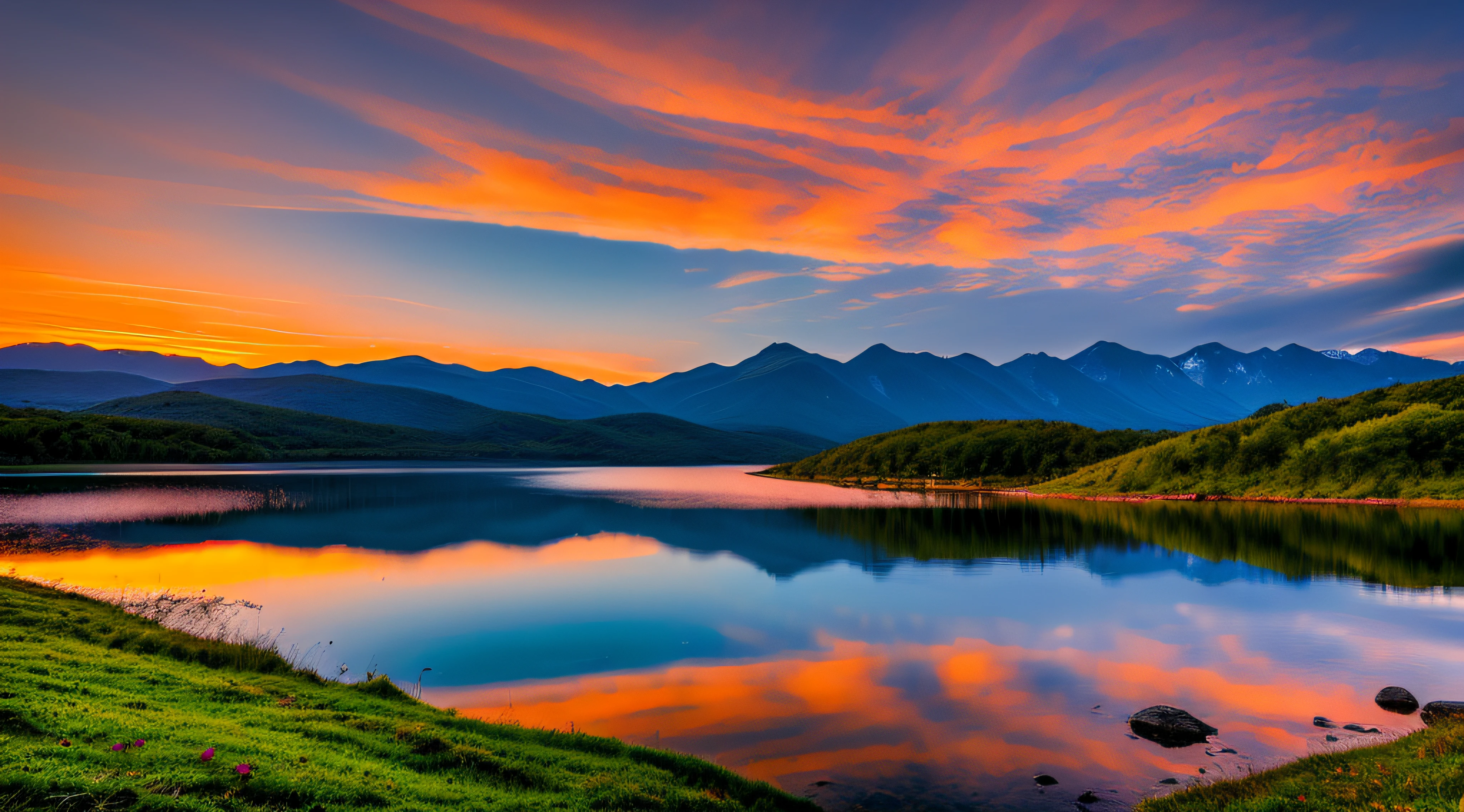 Sunset on mountain, lago sob a montanha