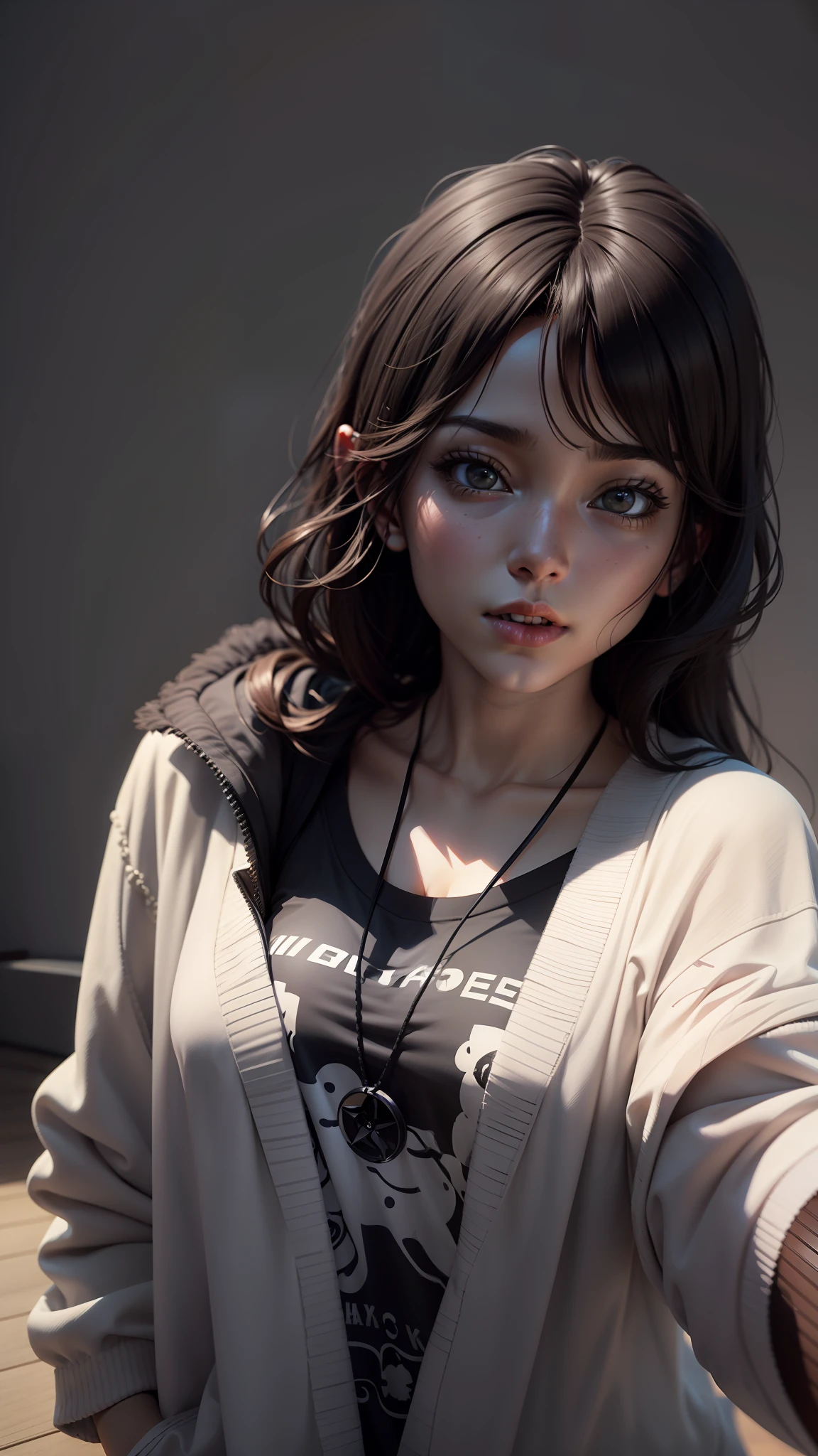 there is a woman that is holding a cell phone in her hand, Realistic anime girl, Realistic anime 3 D style, 3 d anime realistic, realistic young anime girl,, trending on cgstation, Kawaii realistic sketch black and white portrait, --auto