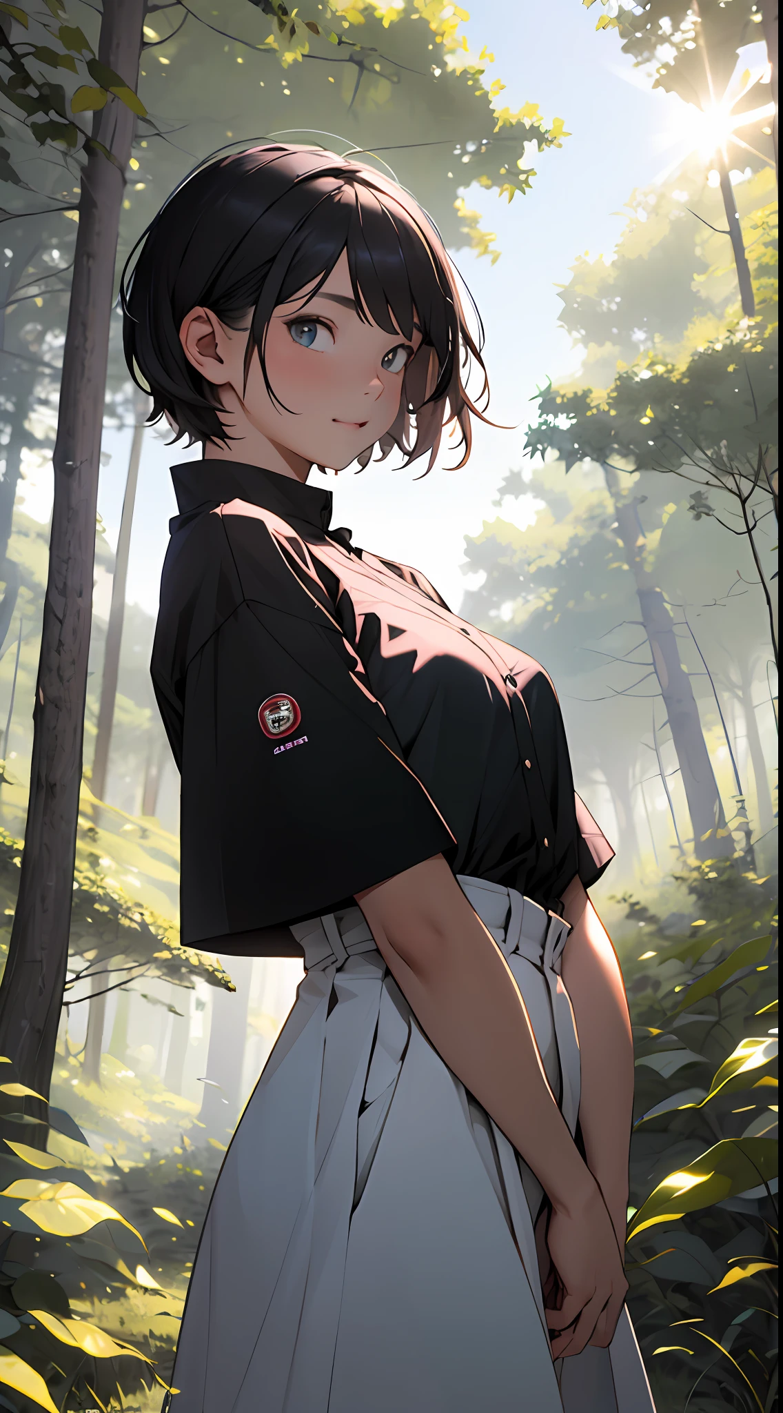 Girl in the forest and sunshine, short hair, Nice hairstyle, Nice clothes
