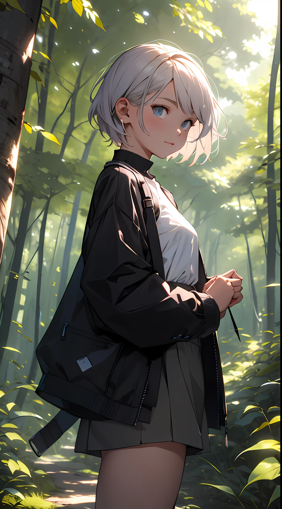 Girl in the forest and sunshine, short hair, Nice hairstyle, Nice clothes