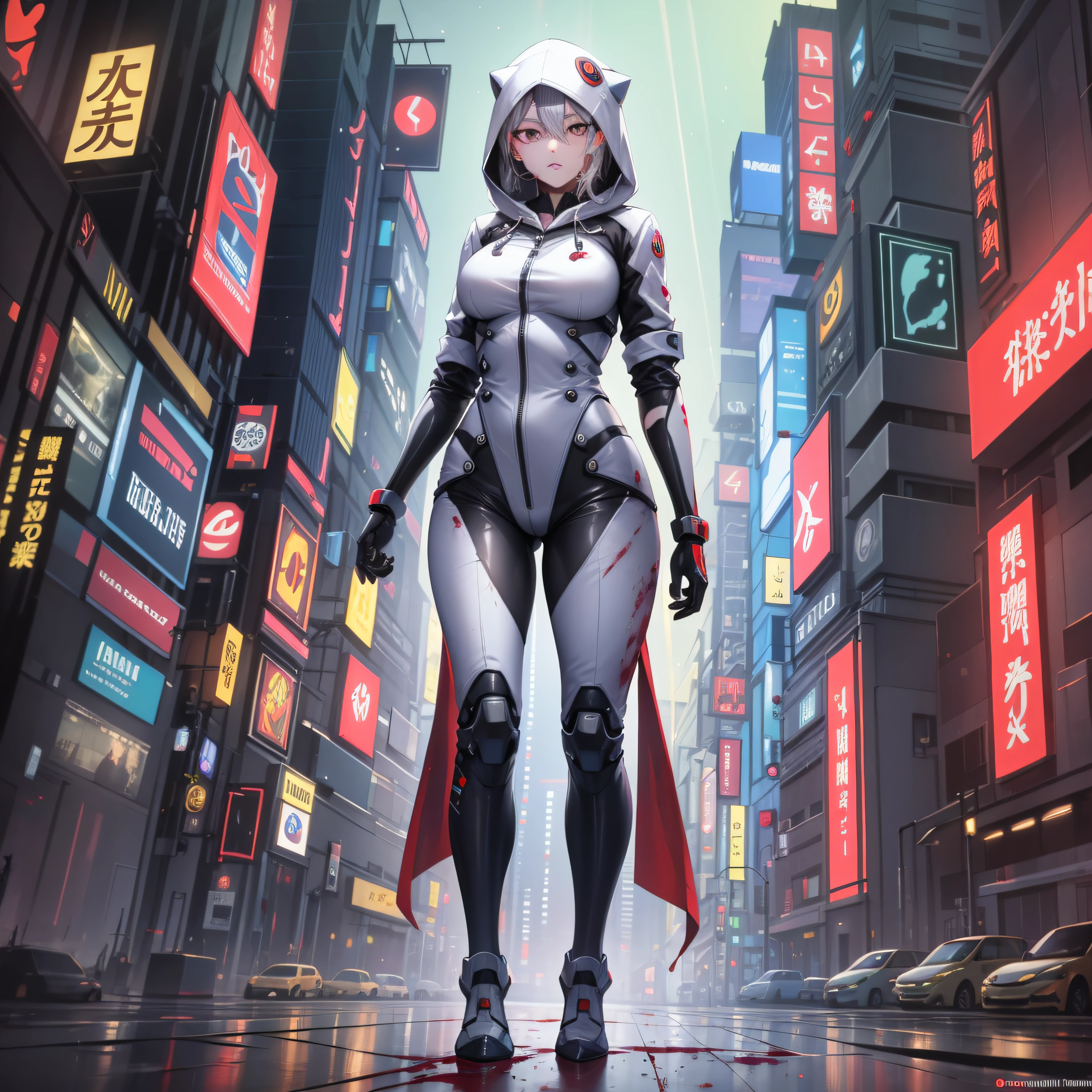 An ancient Chinese girl, hooded head, full body, amazing facial features, blood stains, mechanical eyes, cyberpunk, holographic aura, surreal sci-fi art, futuristic sci-fi aesthetics, hanfu (tattered), mecha, complex design, game model, movie edge light, delicate light, masterpiece, ultra-detailed, epic composition, super high-definition, high quality, highest quality, 32k --niji 5