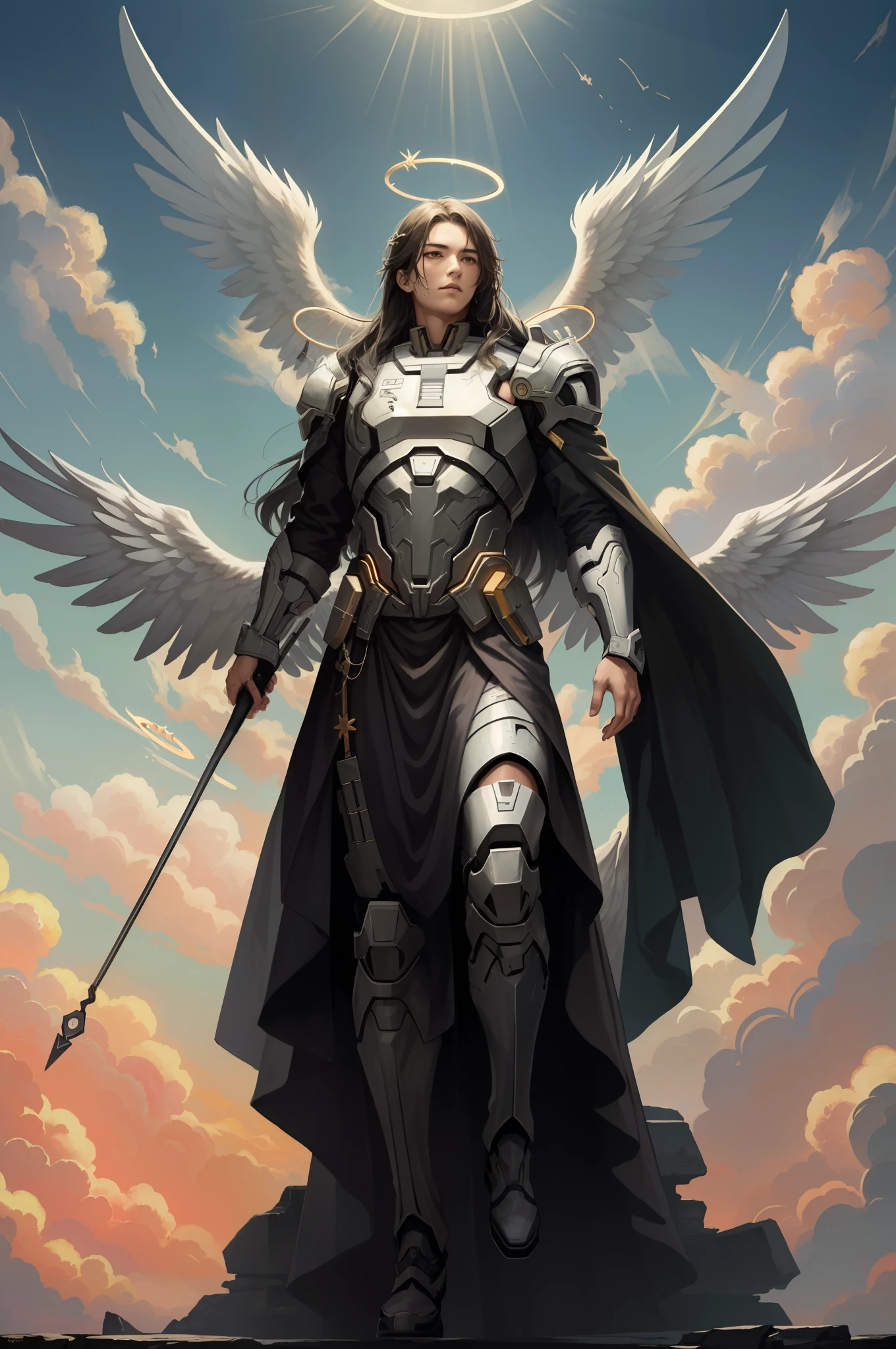 Original 8K photo, best quality, masterpiece, super high resolution, ancient european man, handsome, perfect body, long hair, (halo: 2.0), (wings: 2.0), sky background, blurred background, rebel angel