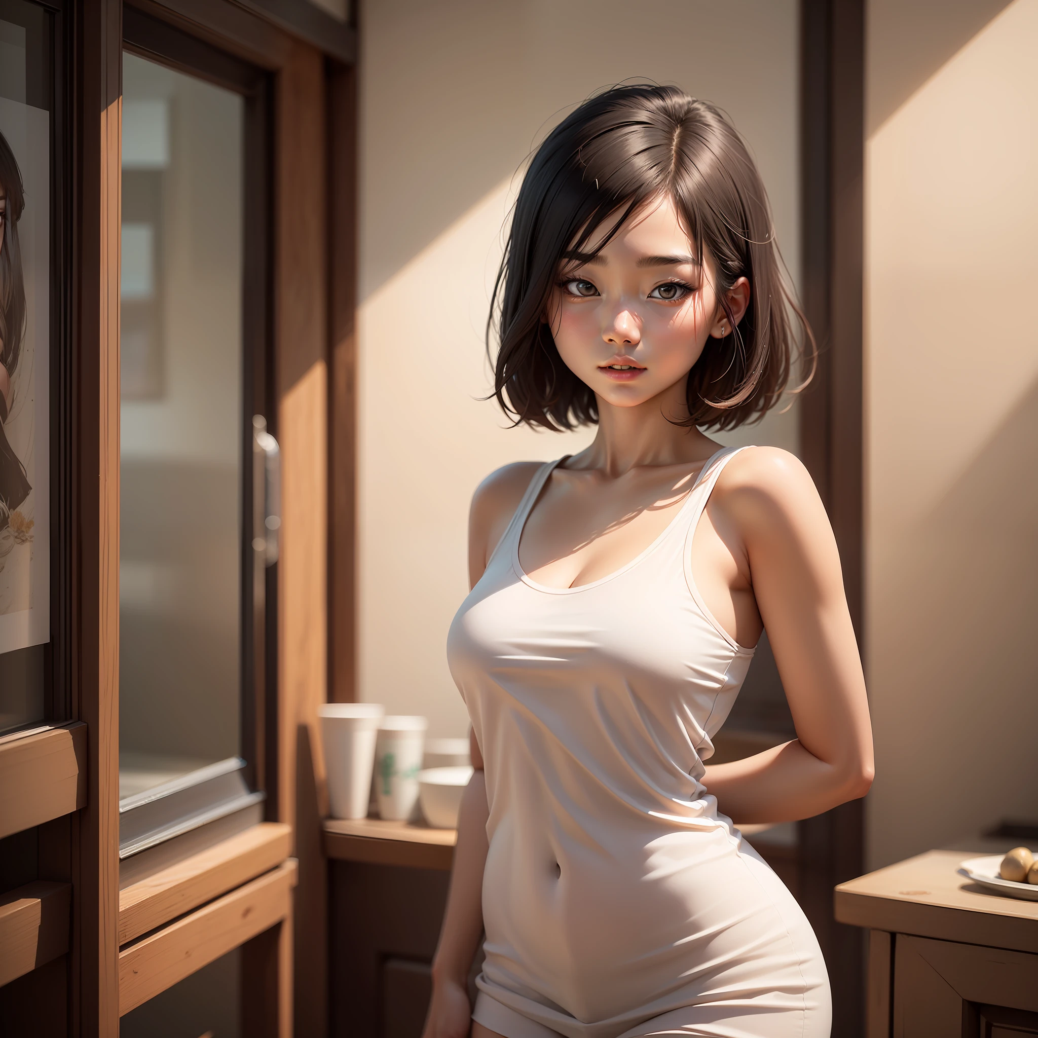 1girl, chinese girl, 21 years old, solo, arms behind, 3/4 shot, young sensual engraving idol, young idol beautiful printmaking, realistic, best quality, instgram, bare shoulders, white shirt, short hair