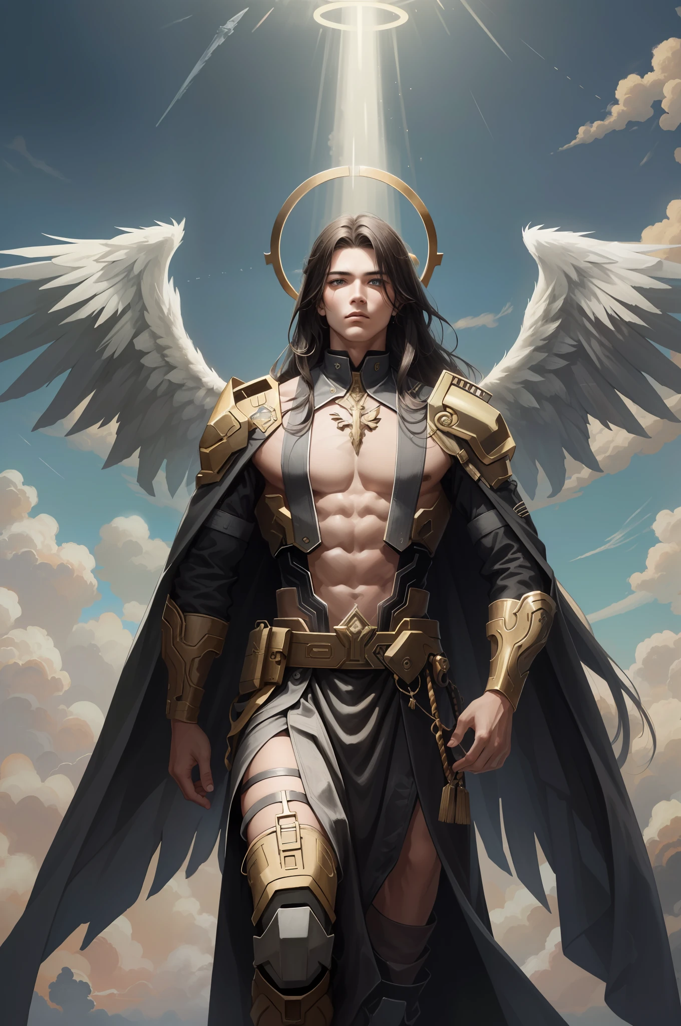 Original 8K photo, best quality, masterpiece, super high resolution, ancient european man, handsome, perfect body, long hair, (halo: 2.0), (wings: 2.0), sky background, blurred background, rebel angel