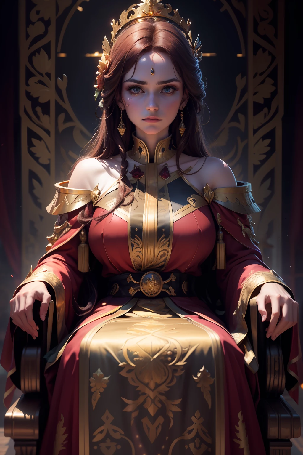 best quality, masterpiece, detail, intricate details, realistic cinematic lighting, (fantasy art: 1.6), (ceza: 1.1), (façade: 1.2), upright, royal, majestic, queen, (huge and golden thrones), crown, close up front, solemn, throne, upright posture, serious, dignity, gaze ahead, contemplation, jewelry, solo, divine light, 1 woman, (gold and red dresses:), golden palace,(kafka:1.2)