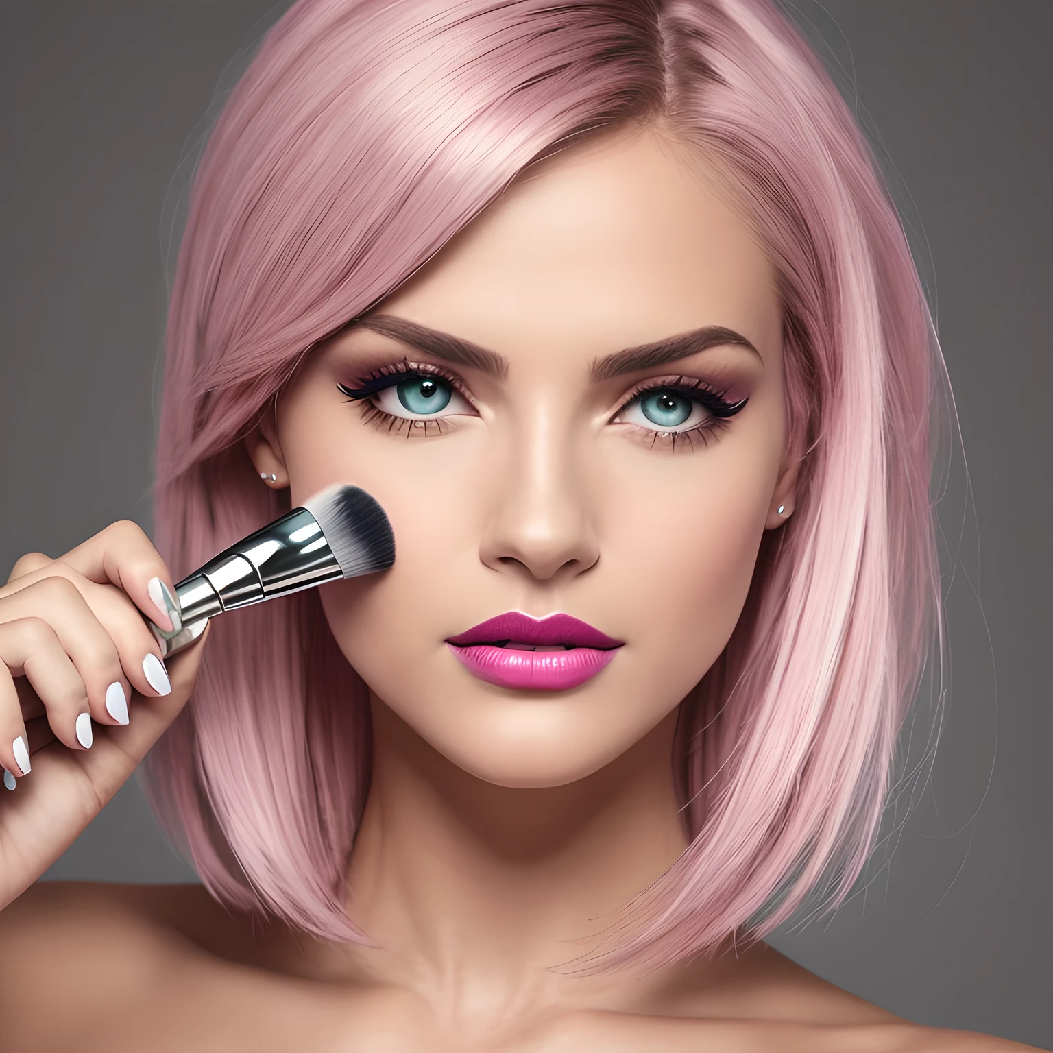 HelgaGrey, mulher, doing makeup with brush in hand, (estilo to8contrast), (retrato em close), bold lips, foto 8k RAW, Maximum quality, olhos azuis castanhos detalhados, reflexo nos olhos, delineador alado, (olhando para o observador: 1.3), melhor sombra, detalhes intrincados, interior, ondulado vibrante Camadas de cabelo longo com uma parte lateral, (cabelo loiro: 1.3), cores suaves, estilo de alto contraste, glam shot, ardente, (sensual: 1.1), pink lips, --auto