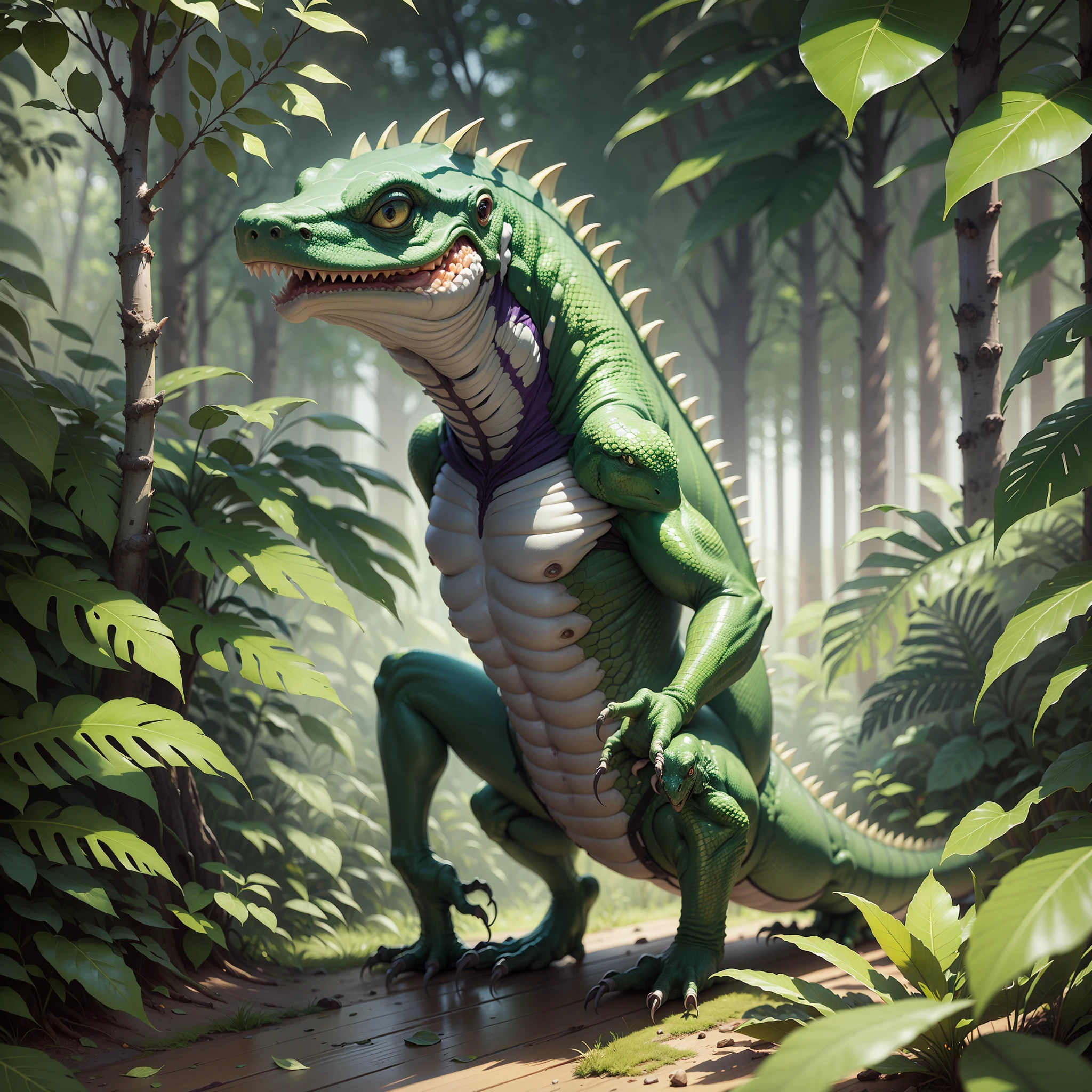 bestbestquality,A masterpiece,Need,A sealed lizard monster,Wrap the leaves,In the jungle,Panoramic View,The subject is in the middle of the frame,Large movements,Friendly expression,Non-human(Wood attribute 1.2),Flattening(1.4),Purple and green color scheme,Dark simple background --auto --s2
