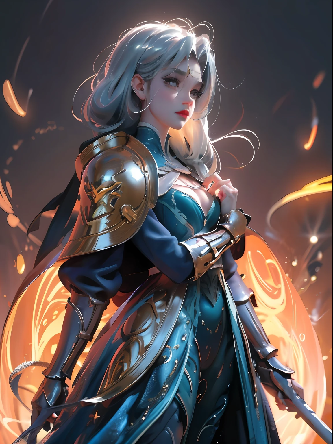 close-up of Britney Spears in a silver and blue dress, chengwei pan on artstation, by Yang J, detailed fantasy art, stunning character art, fanart best artstation, epic and exquisite character art, beautiful armor, extremely detailed art, detailed digital anime art, artgerm on artstation pixiv, girl in armor