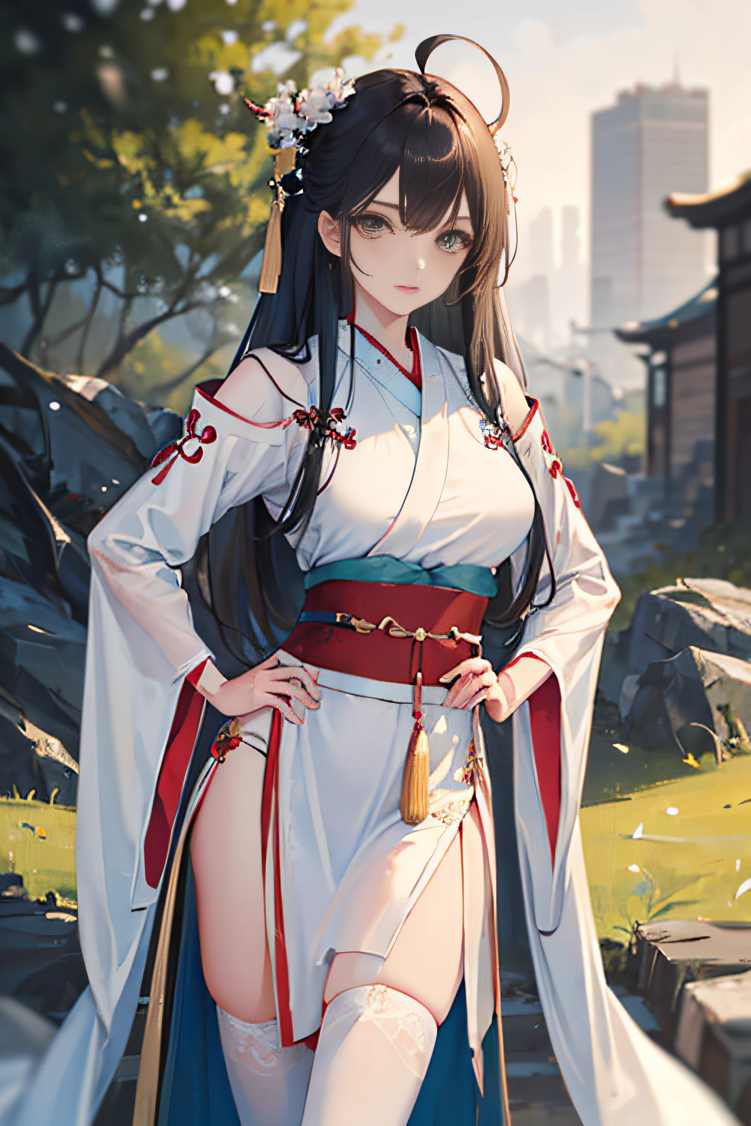 (masterpiece:1.5),(best quality:1.5),(ultra-detailed:1.5),illustration,cowboy shot,1girl,solo,(buildings),perfect face,lustrous skin,long hair,beautiful detailed eyes,beautiful flowing hair,(ru_qun:1.5),(hanfu:1.5),chinese clothes, white dress,white thighhighs, (bloom),lighting, ray tracing,outdoors,  mountains, nature,hair ornament, hair ribbon,hand on hip,looking at viewer,ahoge,large breasts, (deep depth of field:1.5),hair ornament, forest,barefoot sandals