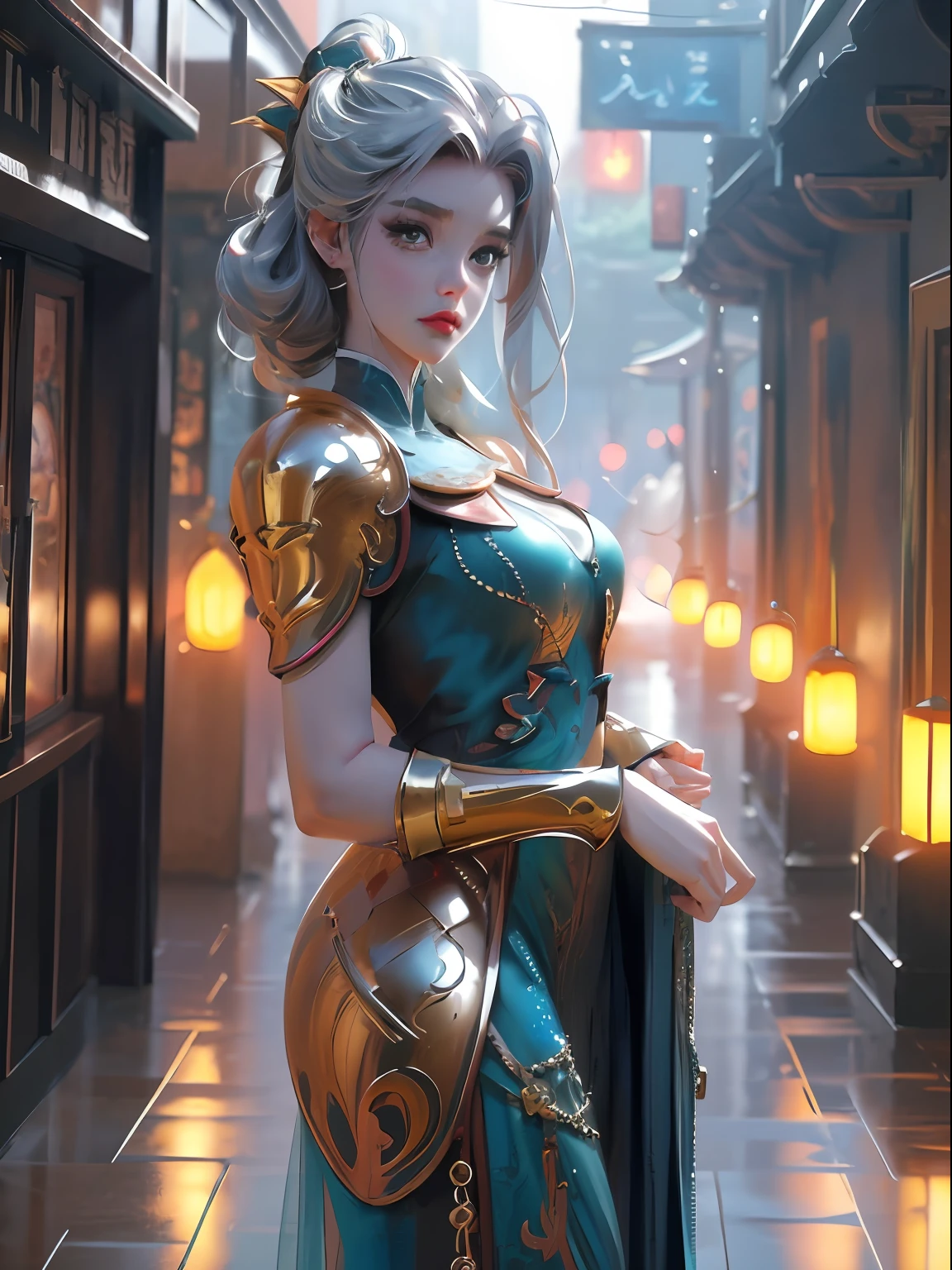 close-up of Britney Spears in a silver and blue dress, chengwei pan on artstation, by Yang J, detailed fantasy art, stunning character art, fanart best artstation, epic and exquisite character art, beautiful armor, extremely detailed art, detailed digital anime art, artgerm on artstation pixiv, girl in armor