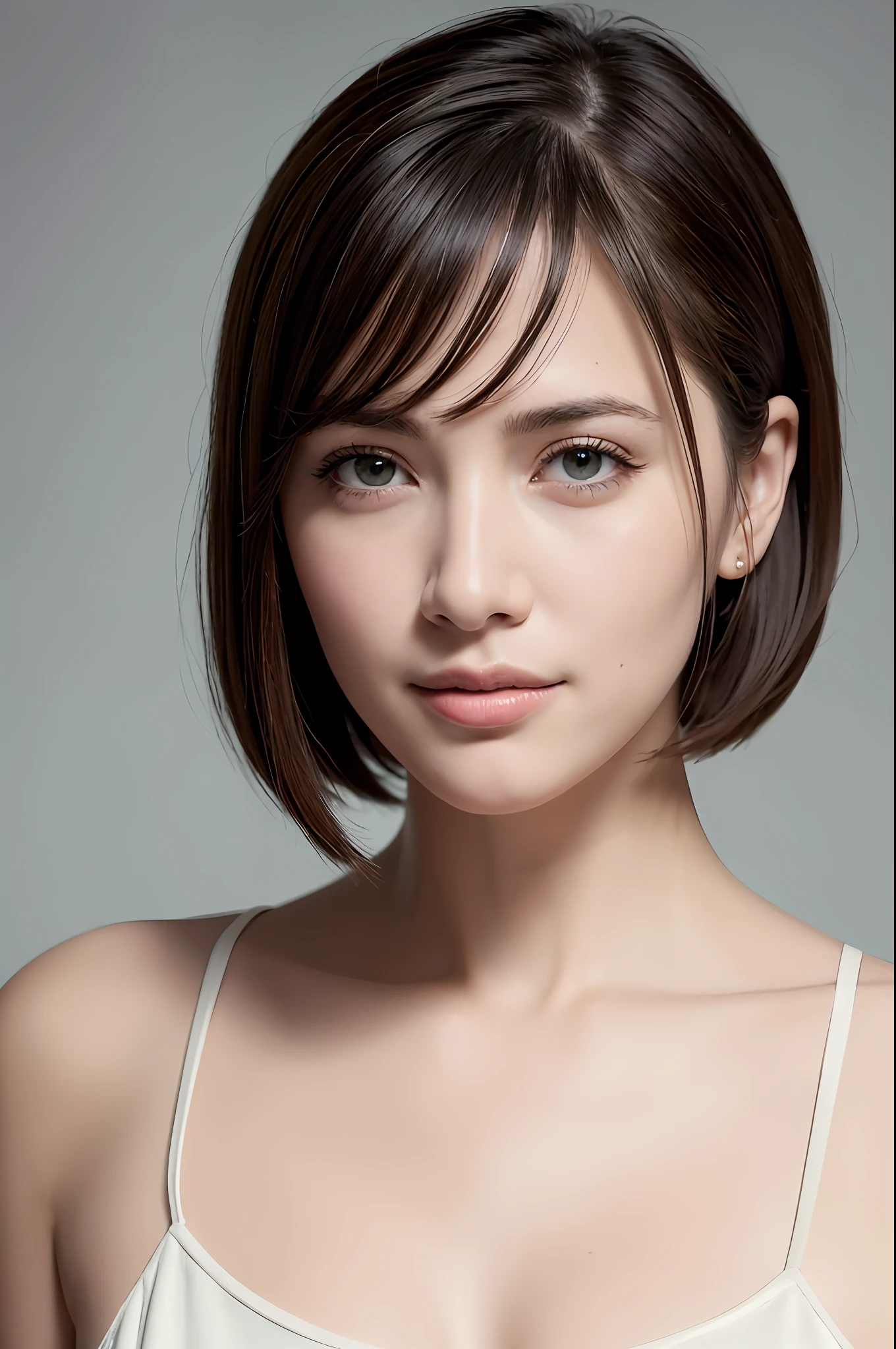 (8k, Best Quality, Masterpiece:1.2), (Realistic, Photorealistic:1.3), Ultra detailed, ((1 girl)), Cute, Solo, (smile), (closed mouth), Big, Beautiful detailed eyes, (short hair: 1.2), Bob hair, (upper body), frontal, very delicate and beautiful, amazing, fine details, masterpiece, super detail, high resolution, best shadows, blue tops, see who is watching