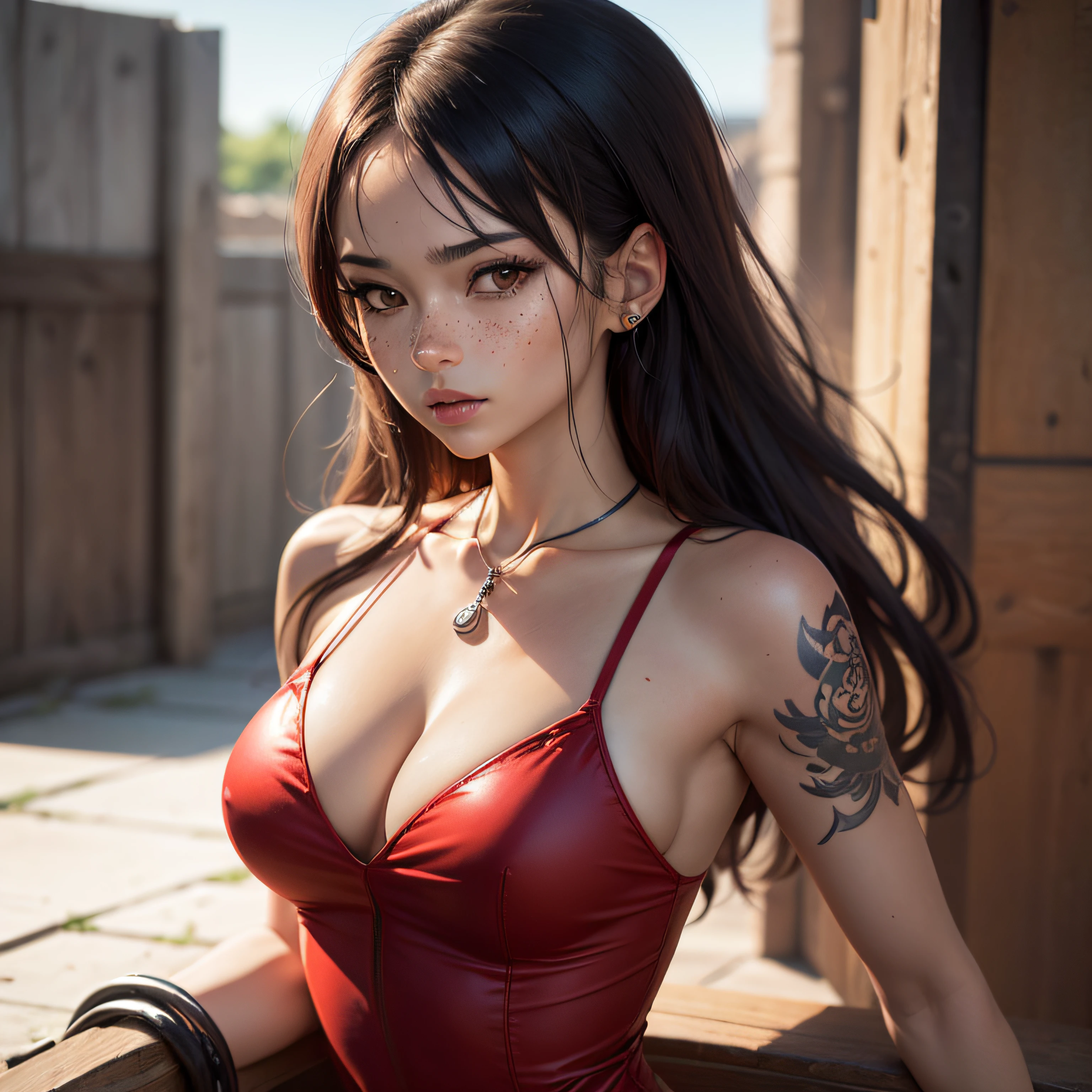 Create a woman with a woman with a tattoo on her arm and neck and a red dress, franja encaracolado, long messy curly hair,seu rosto emoldurado com cachos, olhos grandes castanho claros com maquiagem e cilios grandes. nariz pequeno, many freckles in the region of the cheek and nose, sobrancelhas finas. Create these descriptions in the style of anime characters inspired by Eiichiro Oda, Pixiv, Shin Hanga, one piece artstyle, badass anime 8 k, Luffy (one piece, Luffy, from one piece, arte de anime digital detalhada, Advanced digital anime art ", Macaco D Luffy, Macaco D. Luffy, 4 k manga wallpaper, fan art --auto