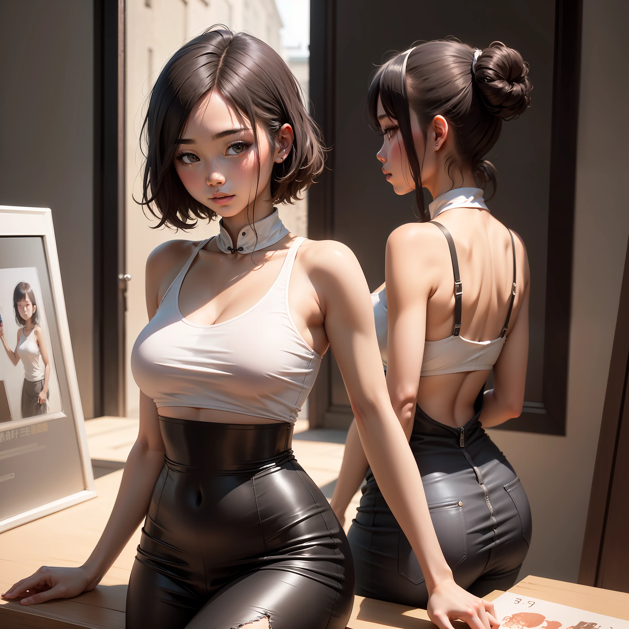 1girl, chinese girl, 21 years old, solo, arms behind, 3/4 shot, young sensual engraving idol, young idol beautiful printmaking, realistic, best quality, instgram, bare shoulders, white shirt, short hair