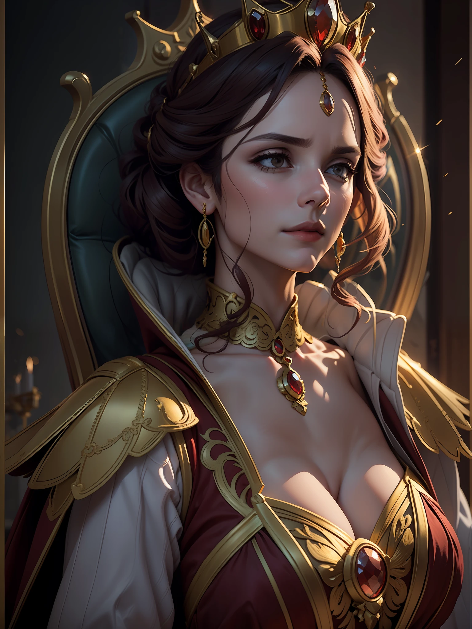 best quality, masterpiece, detail, intricate details, realistic cinematic lighting, (fantasy art: 1.6), (ceza: 1.1), (façade: 1.2), upright, royal, majestic, queen, (huge and golden thrones: 1.4), crown, close up front, solemn, throne, upright posture, serious, dignity, gaze ahead, contemplation, jewelry, solo, divine light, 1 woman, (gold and red dresses:1.2), golden palace,mirelia