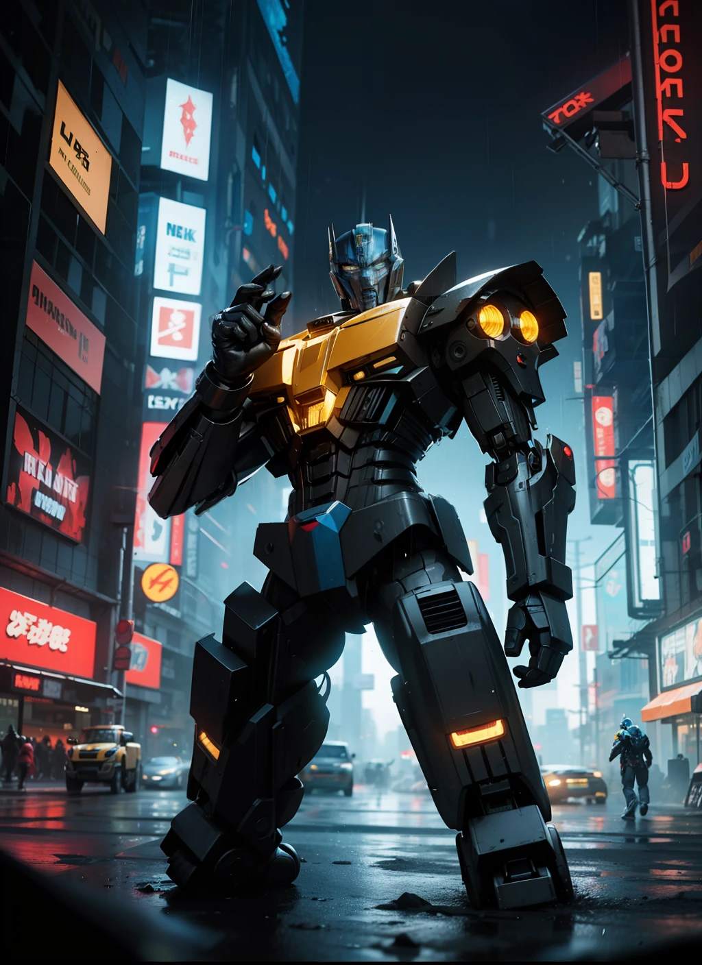 Optimus Prime, Bumblebee, Transformers robots, Cyberpunk style, cyberpunk futuristic megacity in the background, raining, neon lights, 8K, UHD