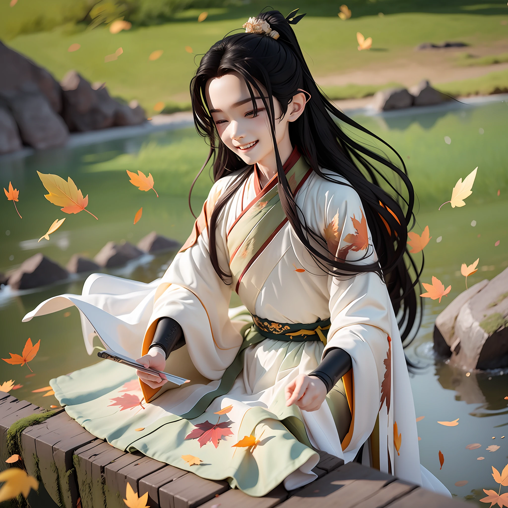 (Masterpiece),(Need),(Super meticulous),(all over the body:1.2),（A 4 year old boy，with long black hair，White clothes fluttering，Hanfu，Laugh，Stand on a cliff，Below is the Yangtze River，fall，Falling leaves，chibi