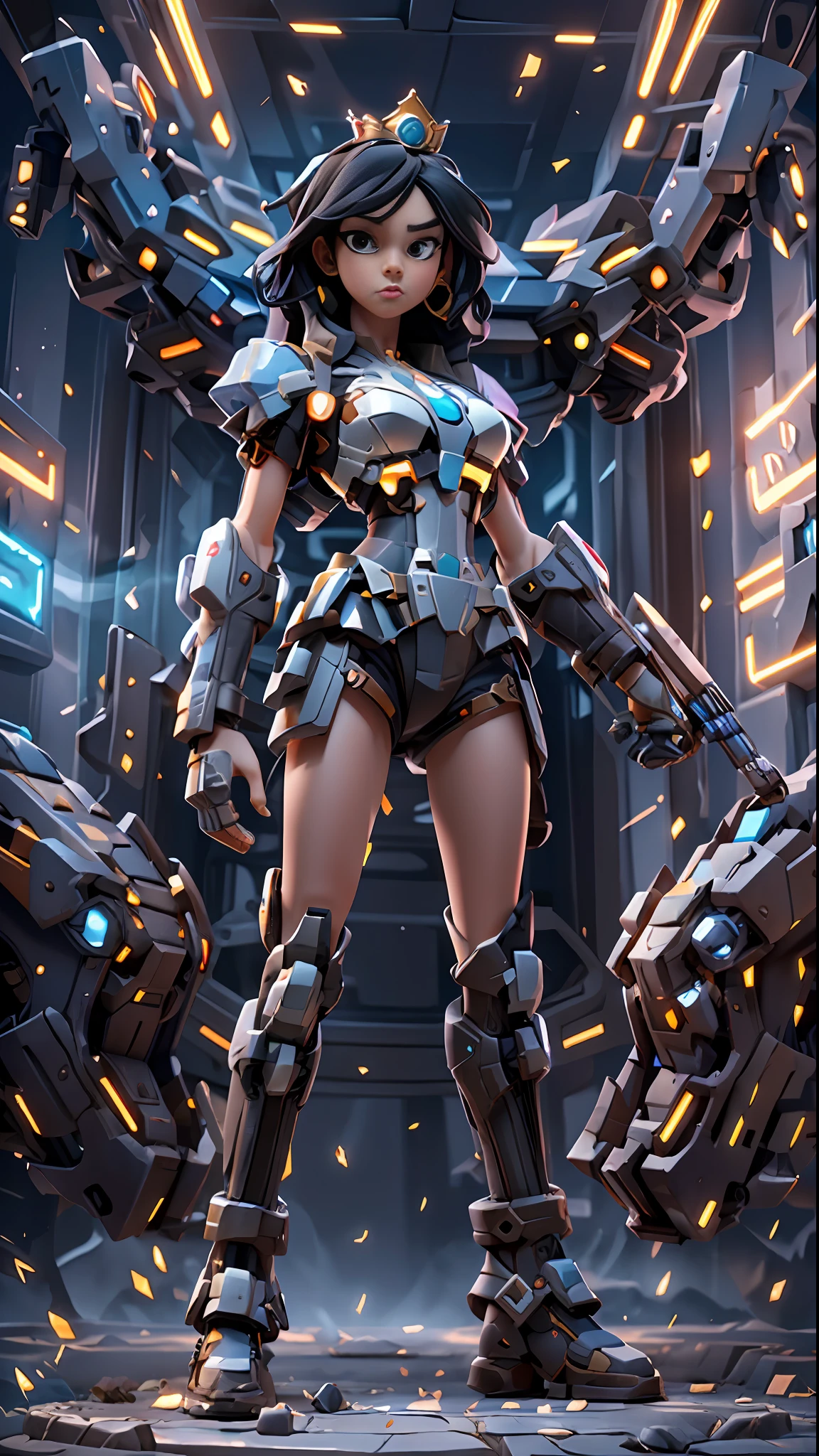 ((Best Quality)), ((Masterpiece)), (Very Detailed: 1.3), 3D, Icaru valkirie-mecha, Beautiful cyberpunk woman wearing crown, with master chef style, sci-fi technology, HDR (High Dynamic Range), ray tracing, nvidia RTX, super resolution, unreal 5, subsurface scattering, PBR texture, post-processing, anisotropic filtering, depth of field, maximum sharpness and sharpness, multi-layer texture, specular and albedo mapping, surface shading,  accurate simulation of light-material interactions, perfect proportions, octane rendering, duotone lighting, low ISO, white balance, rule of thirds, wide aperture, 8K RAW, high efficiency subpixels, subpixel convolution, light particles, light scattering, Tyndall effect, very sexy, full body, battle pose, black hair with braids,