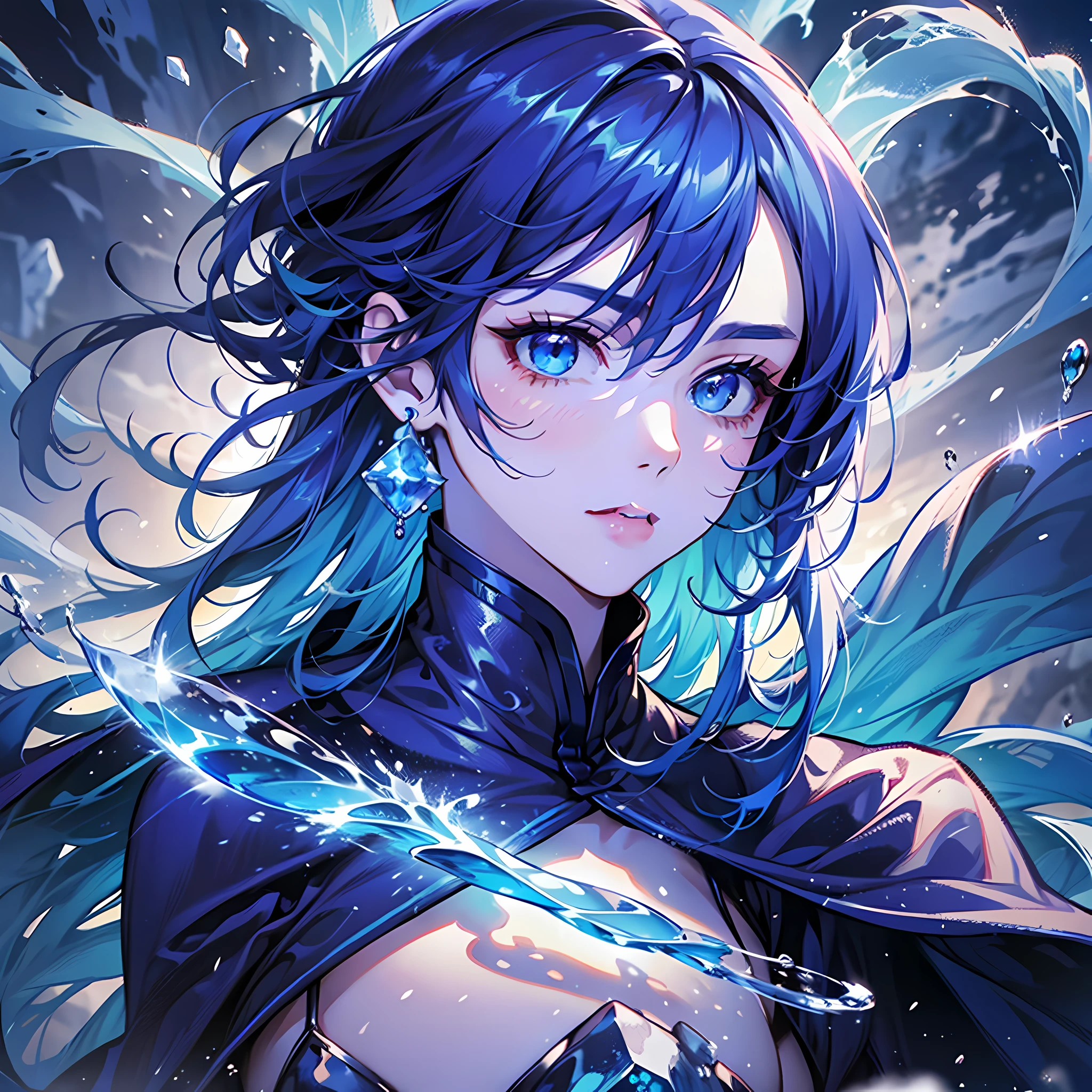 A magician, (loose dress: 1.5), (perfect facial features: 1.4), (blue silk robe), (mysterious magic formation: 1.2), ((ice dragon)), (ice crystal scales), blue light, (frost wings), powerful ice magic, icicles, towering into the clouds, blue cold light, ice storm, cold wind, flying ice and snow, spectacular effects, best quality, masterpiece, super high resolution, fine details, complex details, 8K resolution, 8KUCG wallpaper, HDR, aqua blue, magic array, cinematic lighting, chiaroscuro, ray tracing, NVIDIA RTX