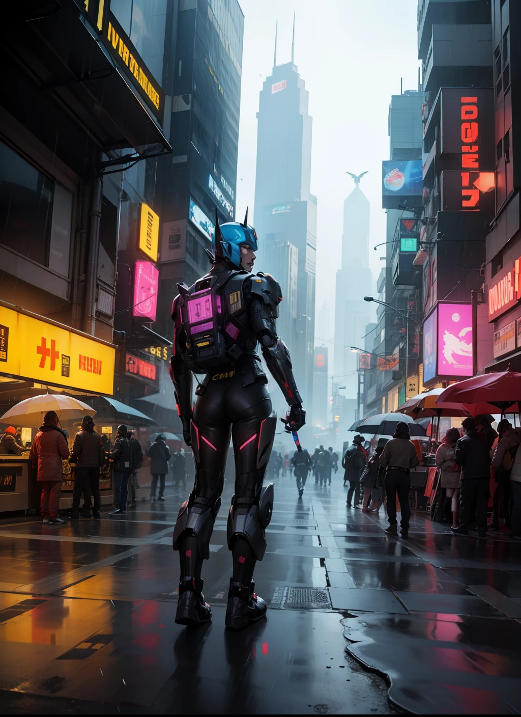 Optimus Prime, Bumblebee, Transformers robots, Cyberpunk style, cyberpunk futuristic megacity in the background, raining, neon lights, 8K, UHD