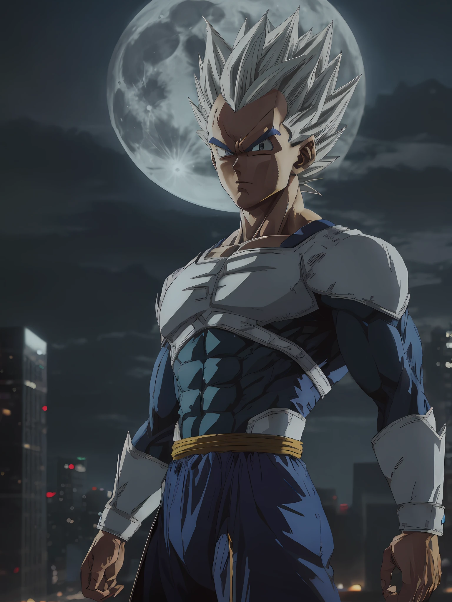 Vegeta, the 5, 20 year old super sayagin with fair skin is a true masterpiece of male beauty, anatomically perfect from the modern man standing tall in an abandoned haunted city. Moonlight accentuates your muscles and scars. The landscape is lush and mysterious, with the dark city. Surroundings. The camera details everything. When looking at beautiful eyes, having sexy eyes will attract the opposite His eyes are on the viewer, you can clearly see every little detail and every perfect line, every beautiful skin detail in 8K quality, everyone is captivated by the confidence that exudes from every glance. His head has white hair and his face is painted with meticulous detail using 8K quality images. Is a character in the series Dragon Ball Seven. gliulian art style, highly detailed official artwork, jin shan, official art --auto