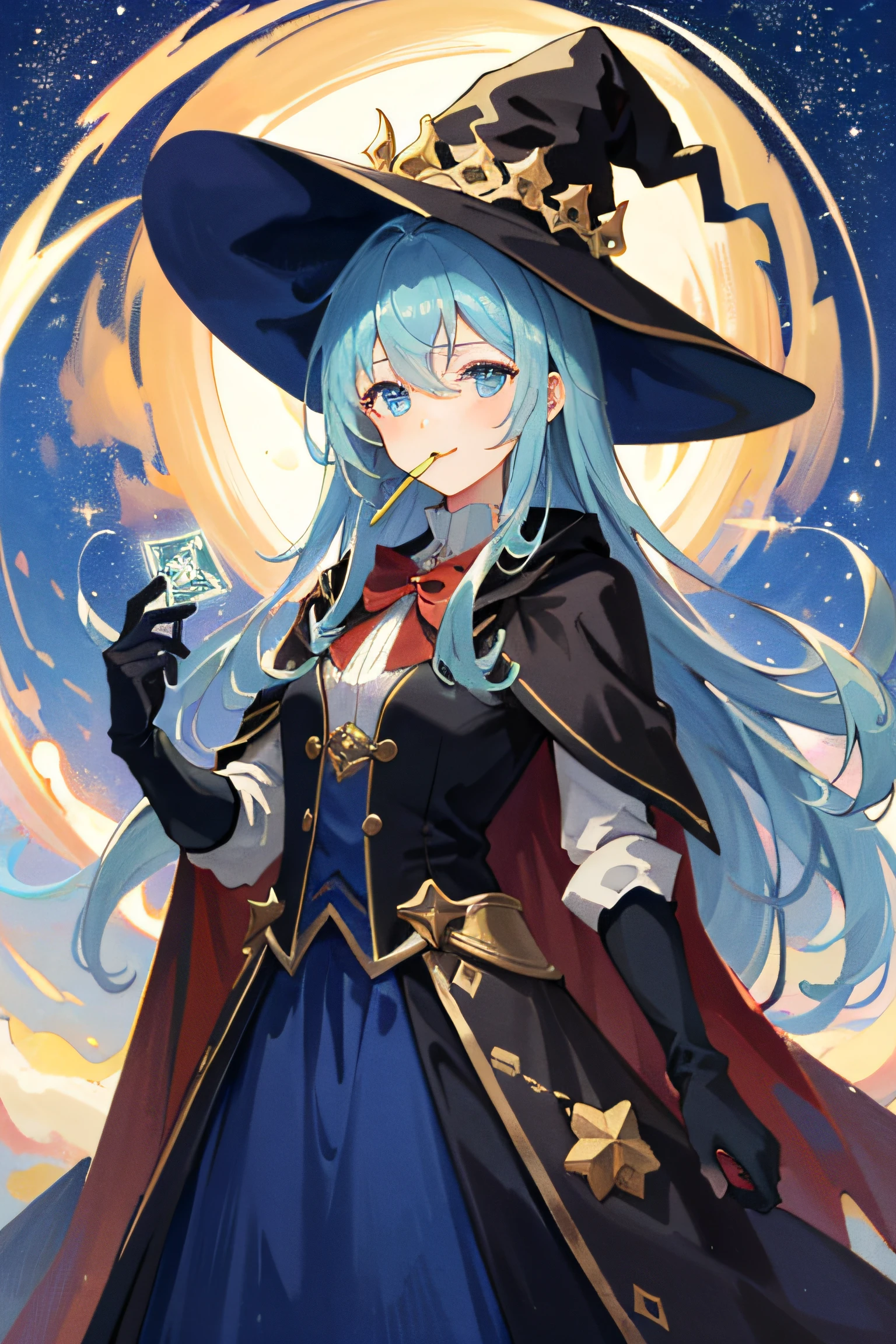 ((masterpiece:1.2, best quality)), 1girl, solo, (witch hat), blonde, long hair, skirt, aurora, night, stars (sky), gloves, sky, white skirt, night sky, mouth open, starry sky, blue Eyes, Ribbons, Long Hair, Red Dress, Smile, Headband, Cape, Blue Hair, (Bird), Magic, Spellcasting, Dark Clouds, Night, (Impressionism: 1.4), (Tarot: 1.3), Alphonse Mucha,