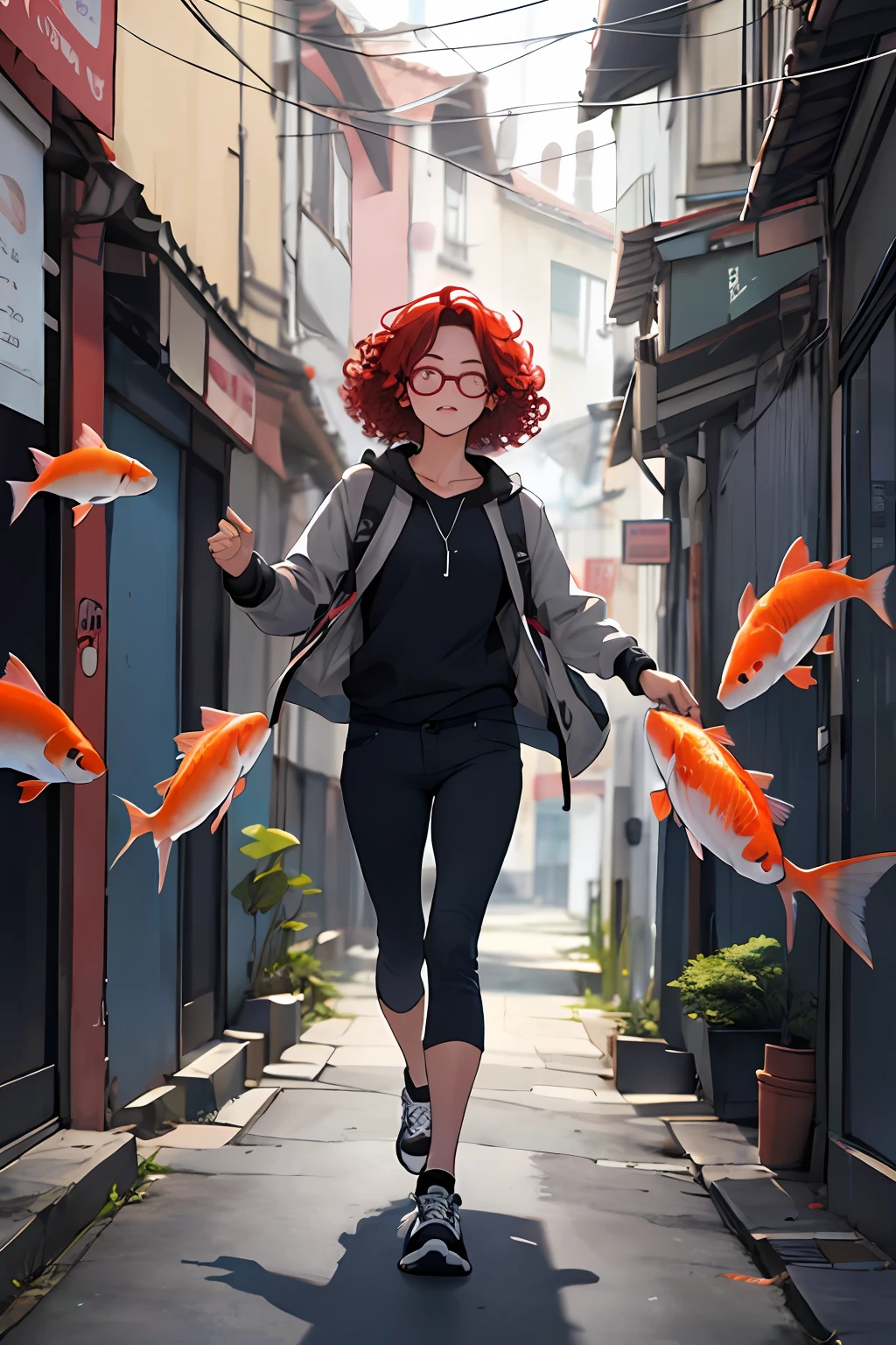 a girl with curly red hair, con lentes redondos caminando por una calle, con cientos de peces koi volando a su alrededor. imagen realista de cuerpo completo