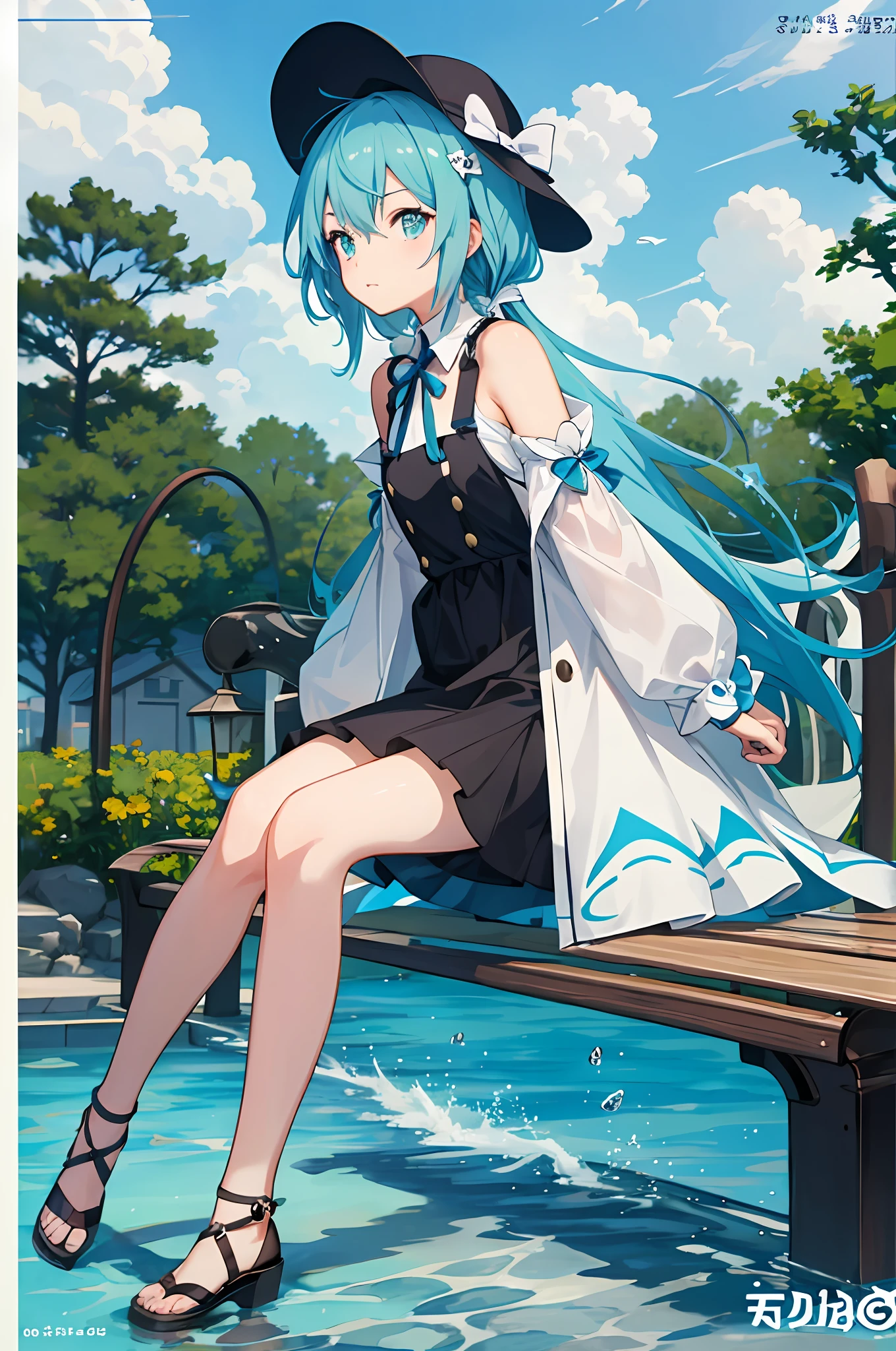 anime girl sitting on a bench in a park with a hat on, splash art anime loli, small curvy loli, loli in dress, Highest rated on Pisif, mikudayo, white cyan, trending on artstation pixiv, Pisif daily ranking, Official artwork, pixiv style, Pisif, guweiz on pixiv artstation