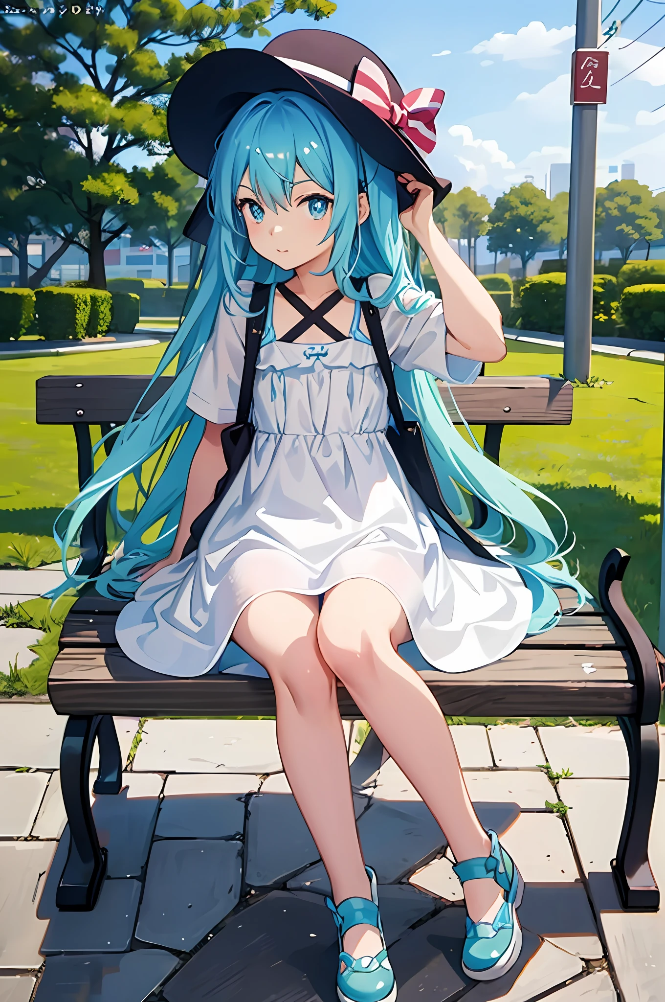 anime girl sitting on a bench in a park with a hat on, splash art anime loli, ??????????? loli, loli in dress, Highest rated on Pisif, mikudayo, white cyan, trending on artstation pixiv, Pisif daily ranking, Official artwork, pixiv style, Pisif, guweiz on pixiv artstation