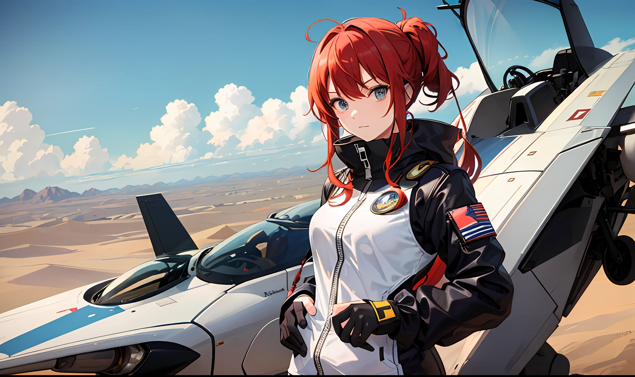 Red-haired woman in fighter jet pilot outfit in a desert with the jet behind her anime style