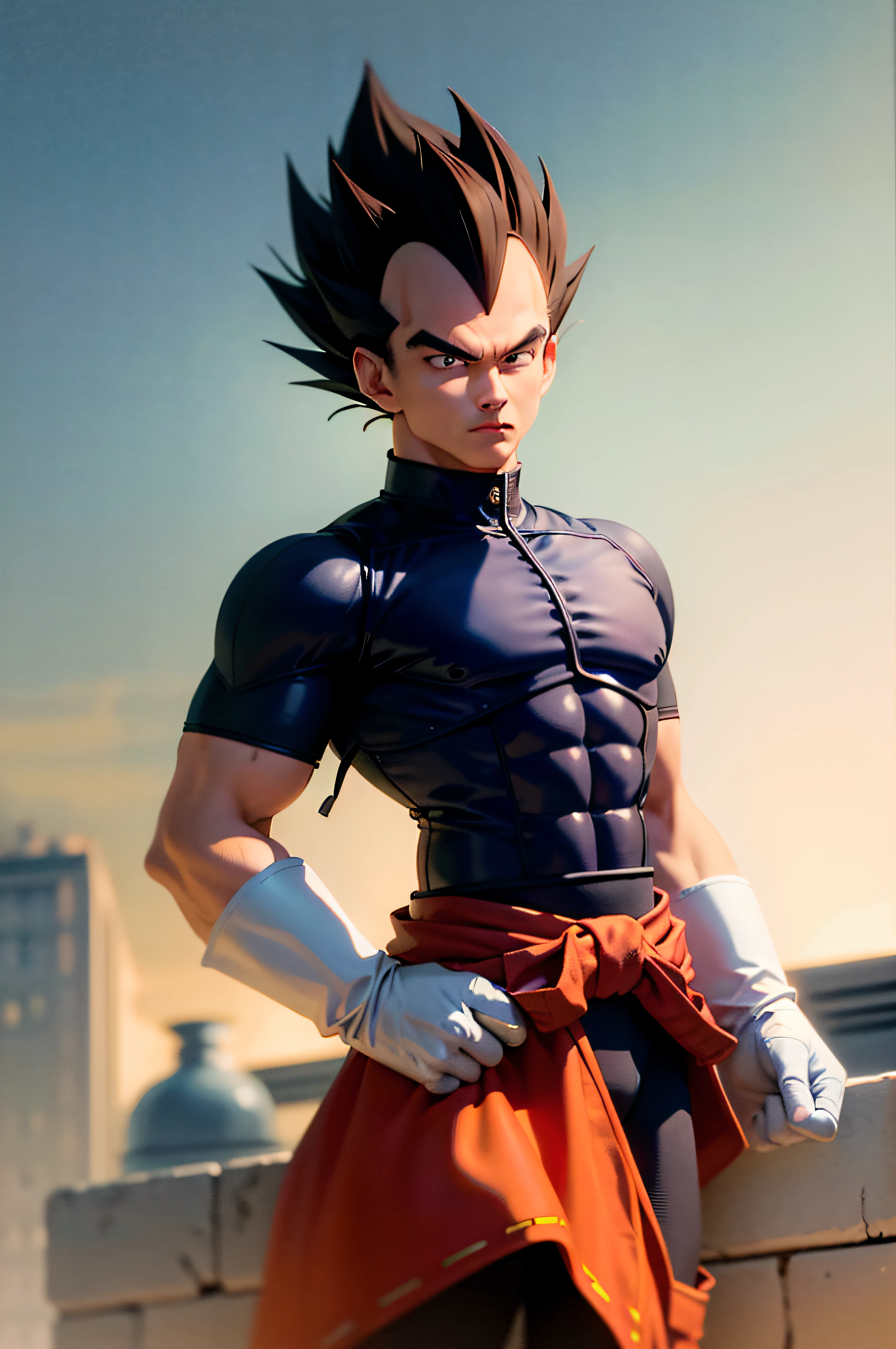 (masterpiece, best quality:1.2), cowboy shot, solo, male focus, 1boy, vegeta, serious, looking at viewer, black spiked hair, black eyes, armor, white gloves