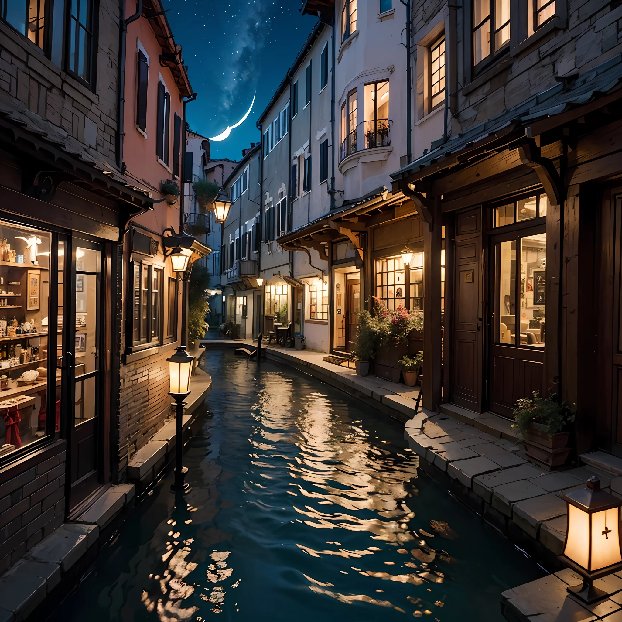Port city, Panoramic view of the city, Street, Water channels, CG,Realistic Yenteschi, a complete copy of the city of Venice, Small streets, Breathtaking small streets, scene, Wooden houses, Stone houses, Fireflies dancing in the air, Their gentle glow illuminates the surroundings. Capture that enchanting moment in an intricate, high-quality illustration with attention to the smallest details and realistic shadows. Isometric 3D rendering using Octane Render and ray tracing will bring this magical ocean to life, “Lit cityscapes," “Starry skies," “Moonlit landscapes," “Night time portraits," “Long exposures." --auto