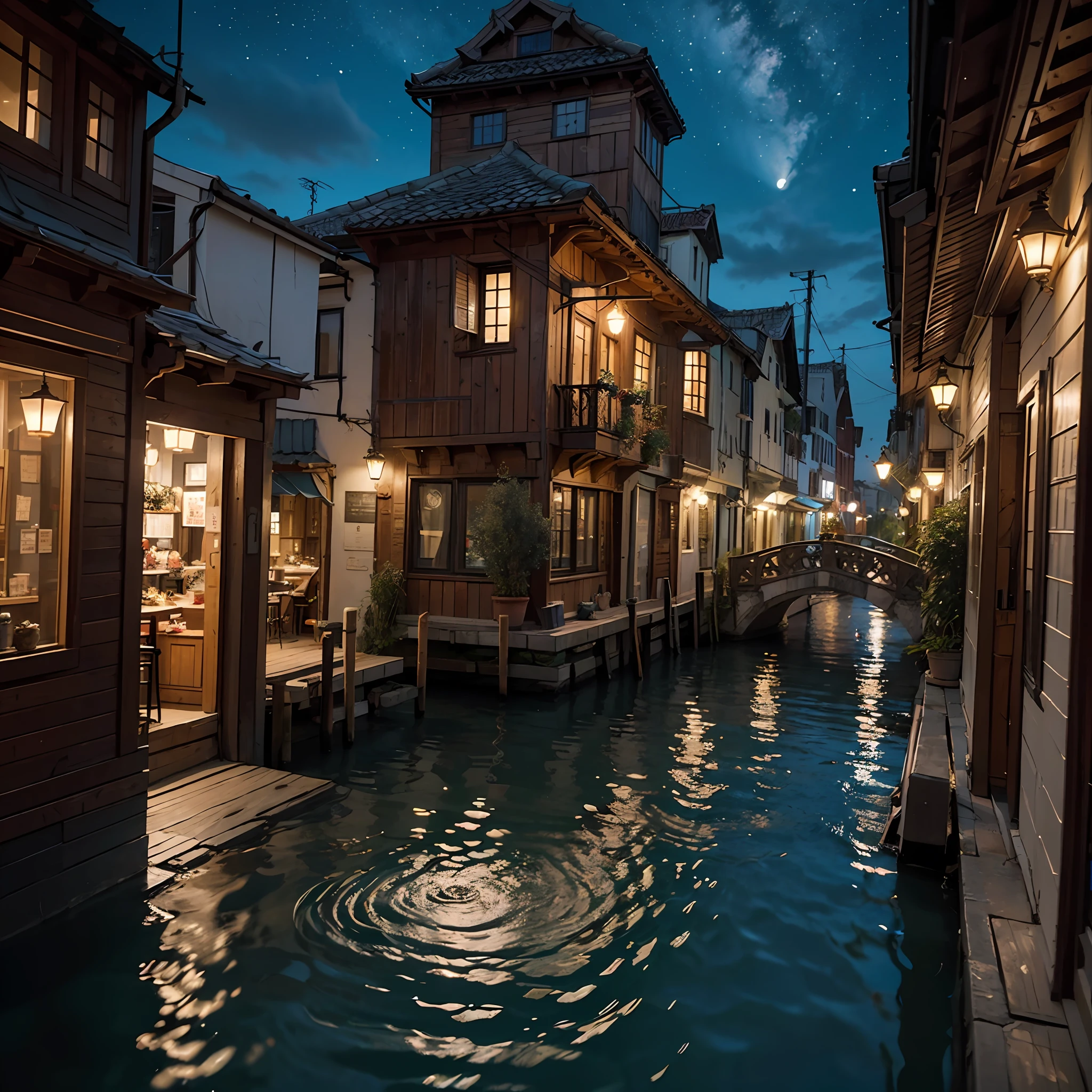 Port city, Panoramic view of the city, Street, Water channels, CG,Realistic Yenteschi, a complete copy of the city of Venice, Small streets, Breathtaking small streets, scene, Wooden houses, Stone houses, Fireflies dancing in the air, Their gentle glow illuminates the surroundings. Capture that enchanting moment in an intricate, high-quality illustration with attention to the smallest details and realistic shadows. Isometric 3D rendering using Octane Render and ray tracing will bring this magical ocean to life, “Lit cityscapes," “Starry skies," “Moonlit landscapes," “Night time portraits," “Long exposures." --auto
