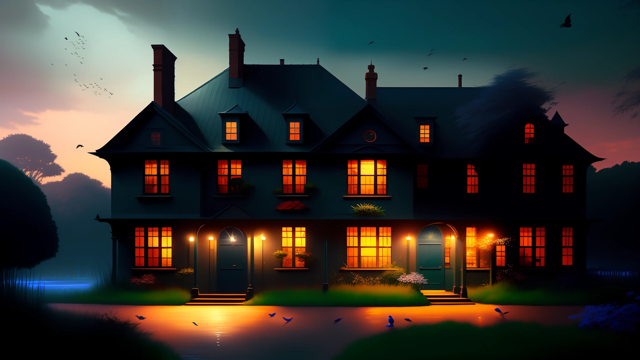 dreamlikeart between two 19th-century Batavia house buildings, a surreal small twilight creek-garden, rose-brambles, candle-birds, tiny mystery-magic, serene overcast atmosphere, midnight-blue, blue-black, royal-blue, navy-blue, cel-shading, cinematic, edge-to-edge print, rendered by Studio Ghibli, Alyssa Monks, Andreas Rocha, David Kassan, Neil Blevins, Tuomas Korpi, ArtGerm