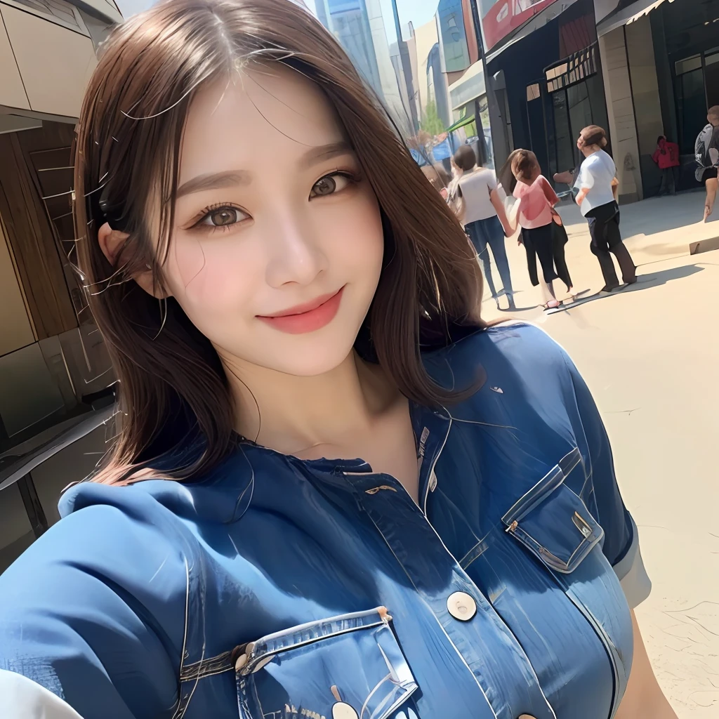 (During the Day, Need, 8K, A Masterpiece:1.3)), 1girle,Smileing,all body, Long legs, focal length:1.2, Perfect body beauty:1.4, Slim abs:1.1, ((Dark brown hair, Big big tits:1.2 )), (White tight tshirt, jeans, standing a:1.2), ((The city, out door:1.3)), Highly detailed facial and skin texture, detailed eye, Double eyelid