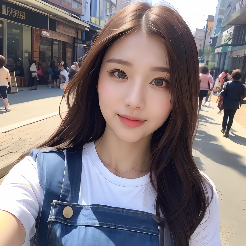 (During the Day, Need, 8K, A Masterpiece:1.3)), 1girle,Smileing,all body, Long legs, focal length:1.2, Perfect body beauty:1.4, Slim abs:1.1, ((Dark brown hair, Big big tits:1.2 )), (White tight tshirt, jeans, standing a:1.2), ((The city, out door:1.3)), Highly detailed facial and skin texture, detailed eye, Double eyelid
