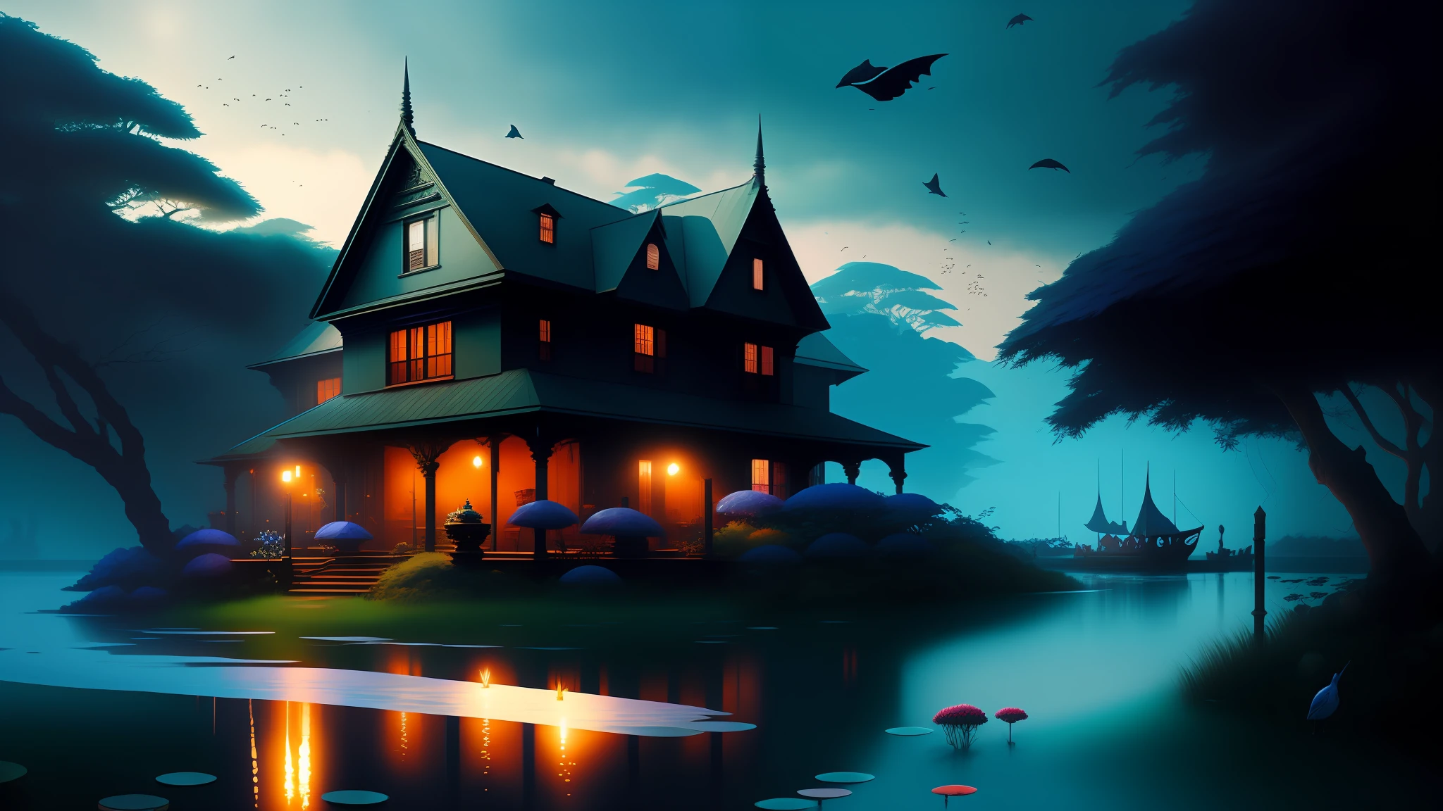 dreamlikeart between two 19th-century Batavia mansion buildings in Indonesia, a surreal small twilight creek-garden, rose-brambles, candle-birds, tiny mystery-magic, serene overcast atmosphere, midnight-blue, blue-black, royal-blue, navy-blue, cel-shading, cinematic, edge-to-edge print, rendered by Studio Ghibli, Alyssa Monks, Andreas Rocha, David Kassan, Neil Blevins, Tuomas Korpi, ArtGerm