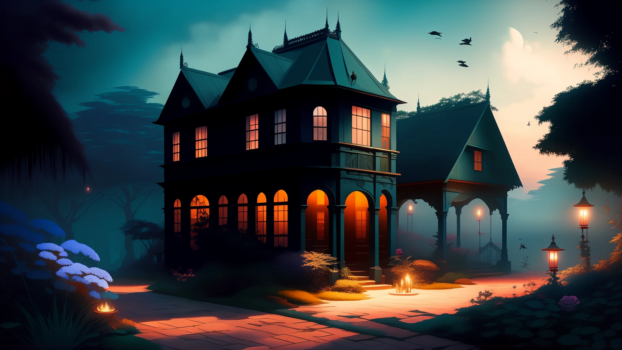 dreamlikeart between two 19th-century Batavia mansion buildings in Indonesia, a surreal small twilight creek-garden, rose-brambles, candle-birds, tiny mystery-magic, serene overcast atmosphere, midnight-blue, blue-black, royal-blue, navy-blue, cel-shading, cinematic, edge-to-edge print, rendered by Studio Ghibli, Alyssa Monks, Andreas Rocha, David Kassan, Neil Blevins, Tuomas Korpi, ArtGerm