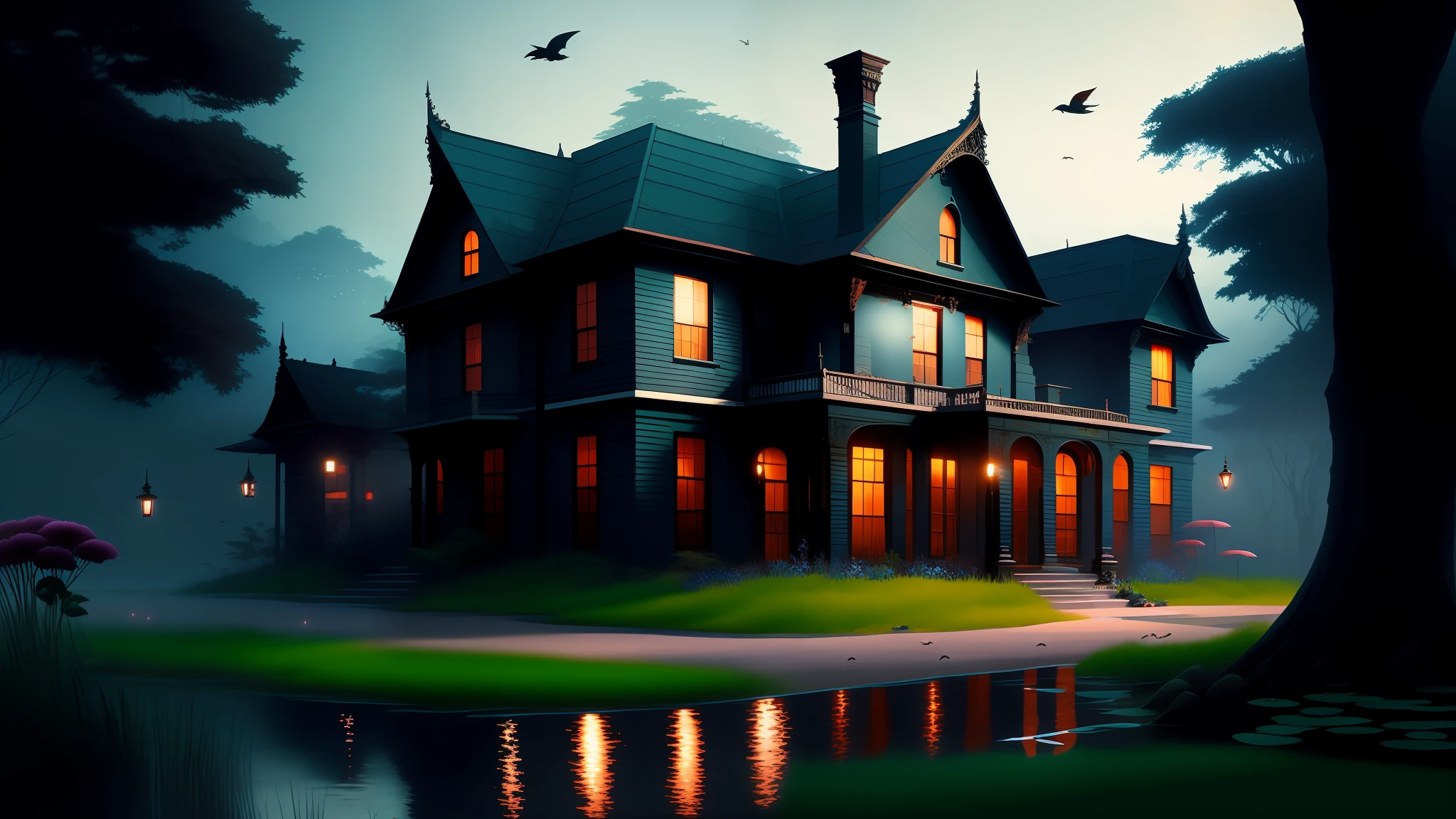 dreamlikeart between two 19th-century Batavia mansion buildings in Indonesia, a surreal small twilight creek-garden, rose-brambles, candle-birds, tiny mystery-magic, serene overcast atmosphere, midnight-blue, blue-black, royal-blue, navy-blue, cel-shading, cinematic, edge-to-edge print, rendered by Studio Ghibli, Alyssa Monks, Andreas Rocha, David Kassan, Neil Blevins, Tuomas Korpi, ArtGerm