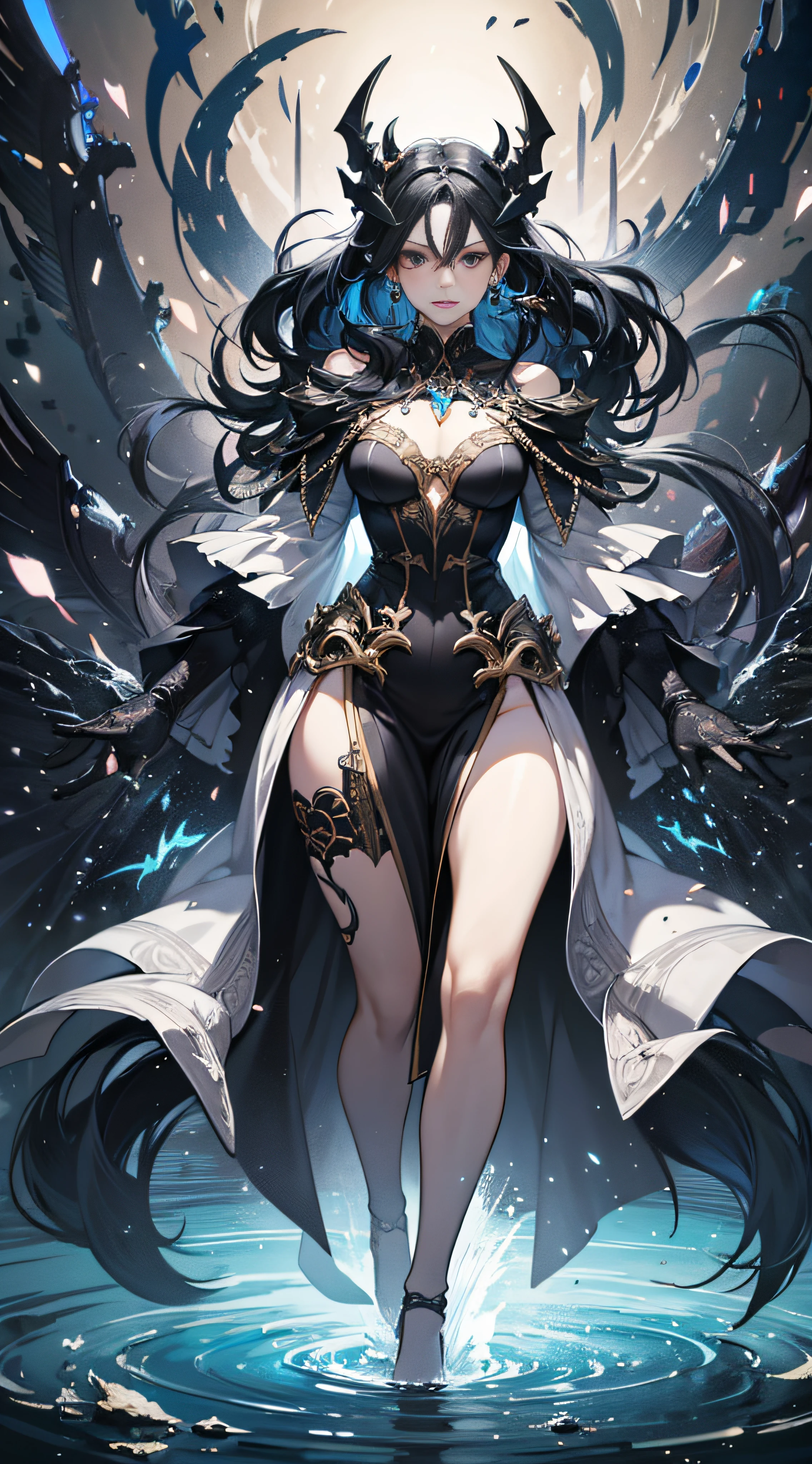 a girl，fullbody,wide_shot,Chaotic_Evil,Electric Colors, Dark, Dark Mode,water* swirling around the character,(Plasma:1.2), insanely detailed and intricate, hypermaximalist, elegant, ornate, hyper realistic, super detailed